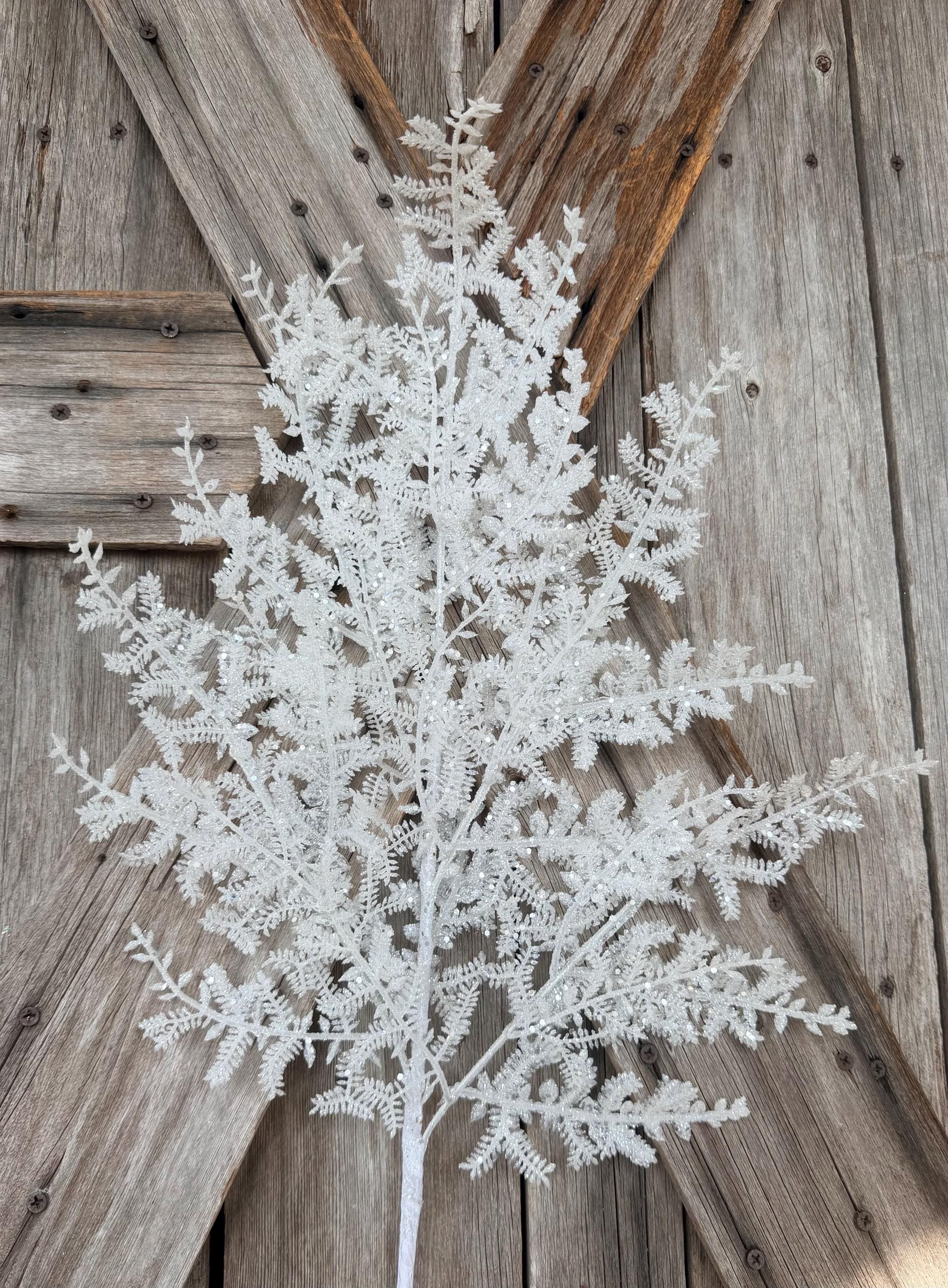 Large White Glitter Fern Spray