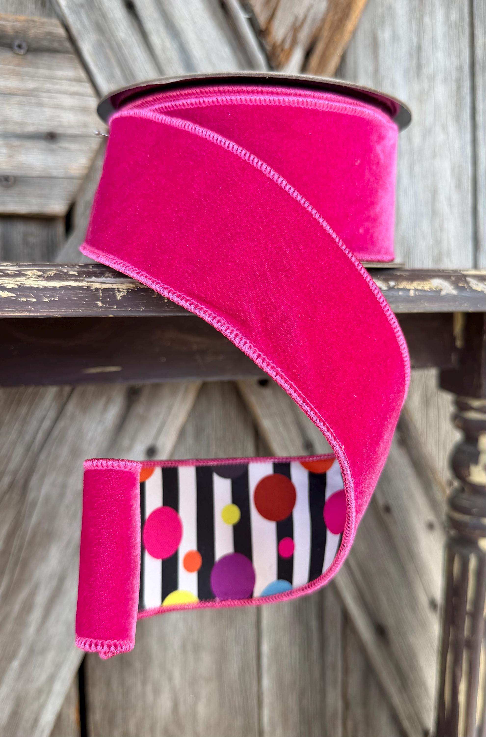 Hot Pink Velvet with Colorful Dot Backside Deluxe Wired Ribbon 2.5 Inch