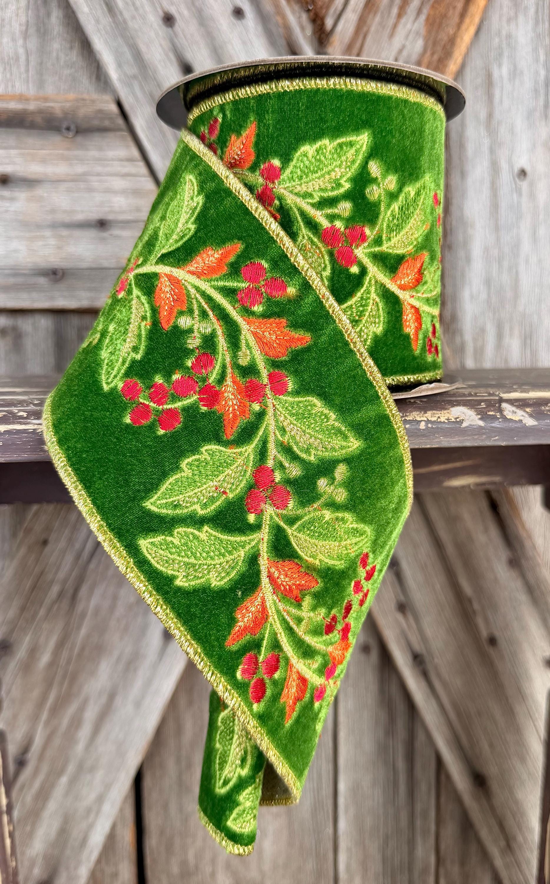 Embroidered Vine Berry Green Wired Ribbon 4 Inch
