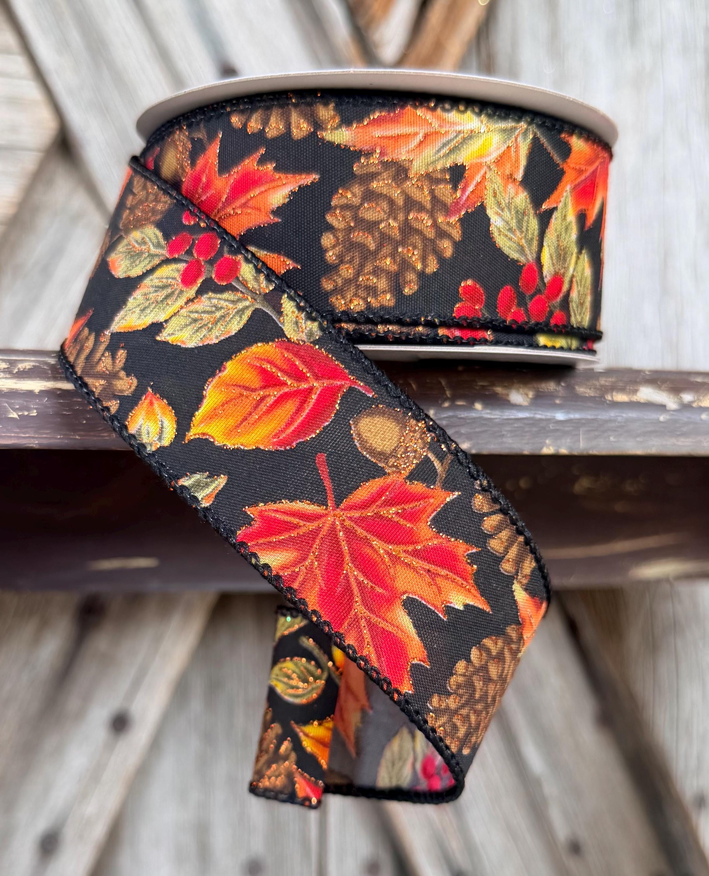 Black Fall Leaves Wired Ribbon 1.5 Inch