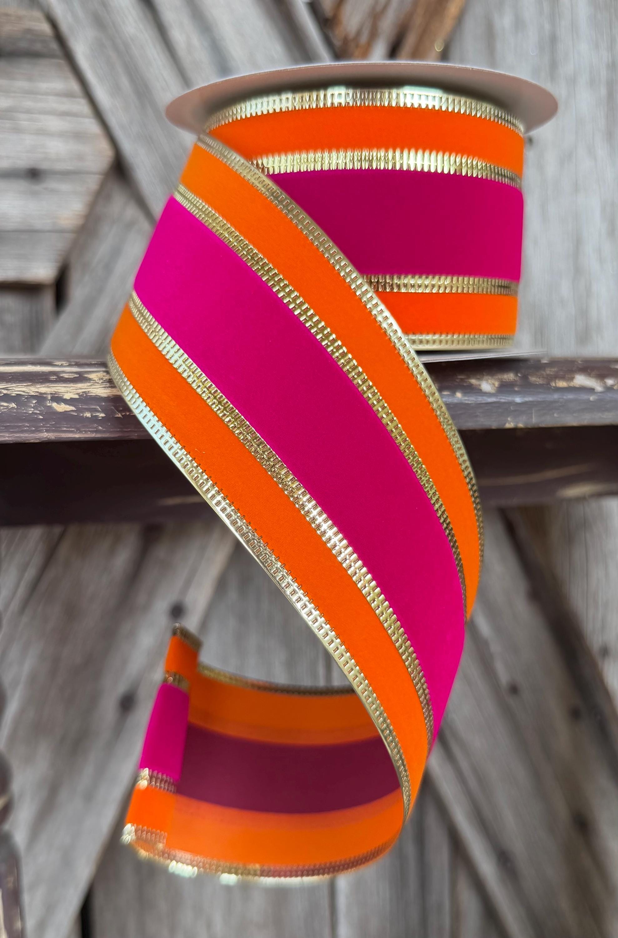 Hot Pink Orange Metallic Wired Ribbon 2.5 Inch