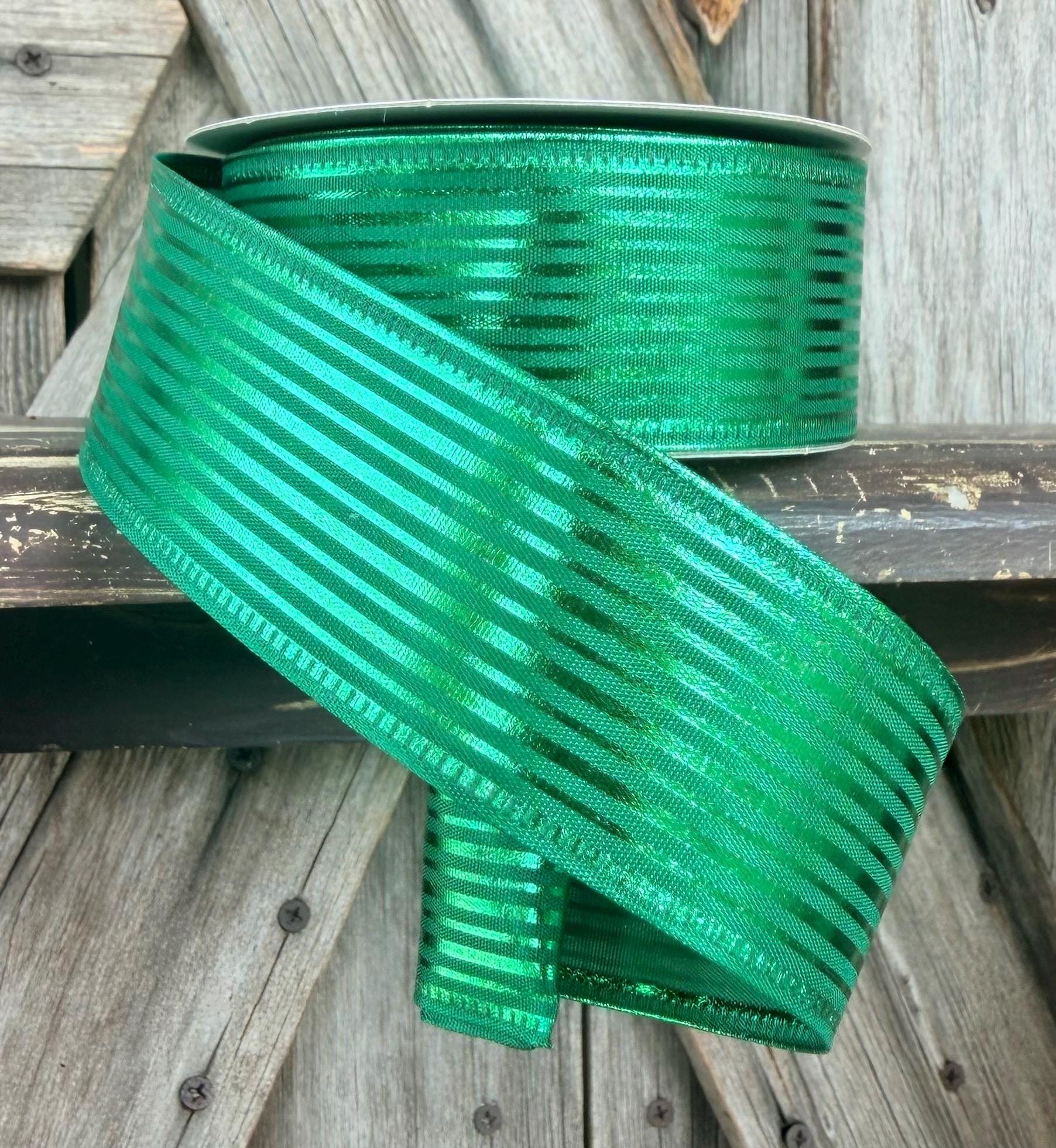 Emerald Green Metallic Stripe Wired Ribbon 1.5 Inch