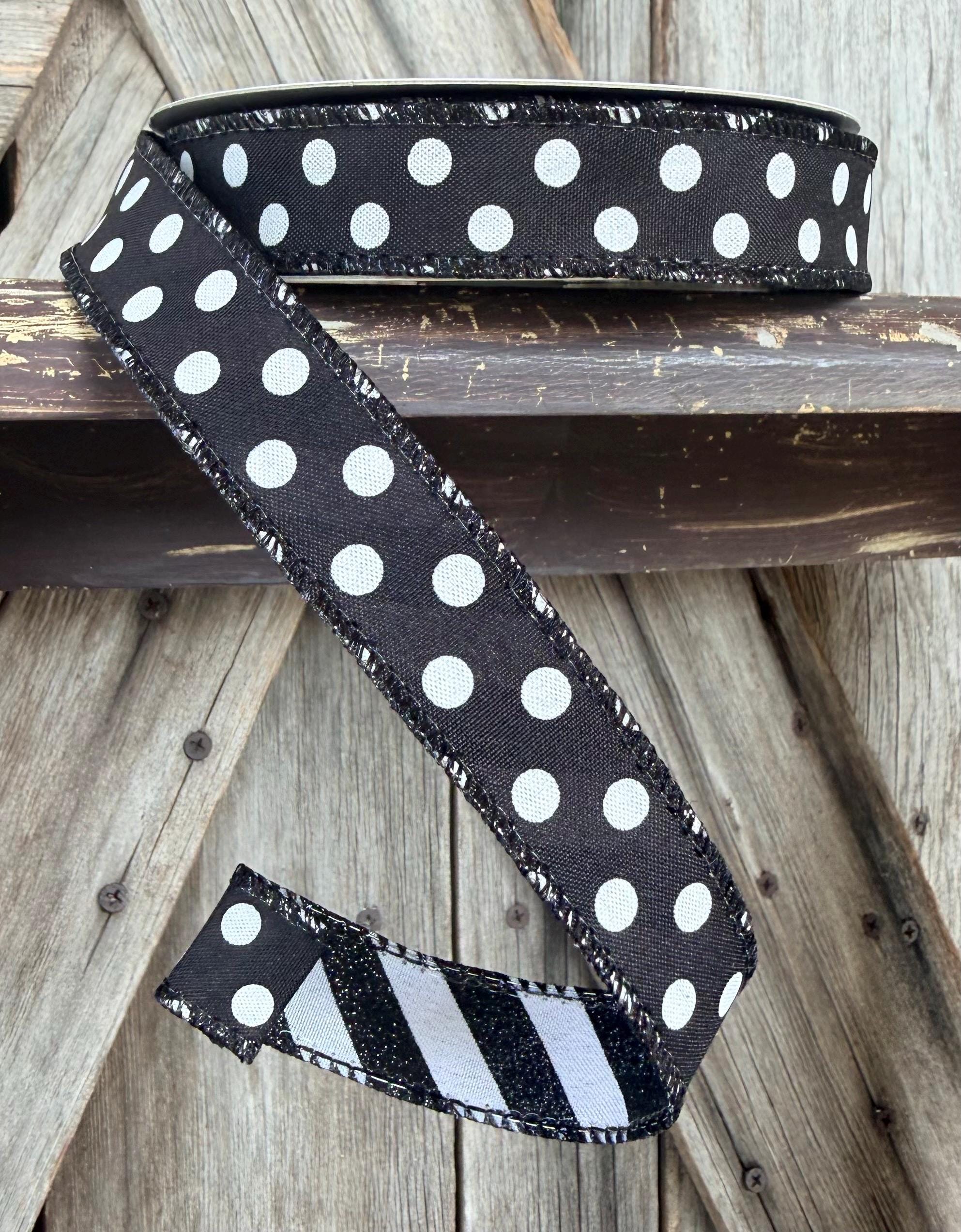 Black White Two Side Polka Dot and Stripe Wired Ribbon 1 Inch