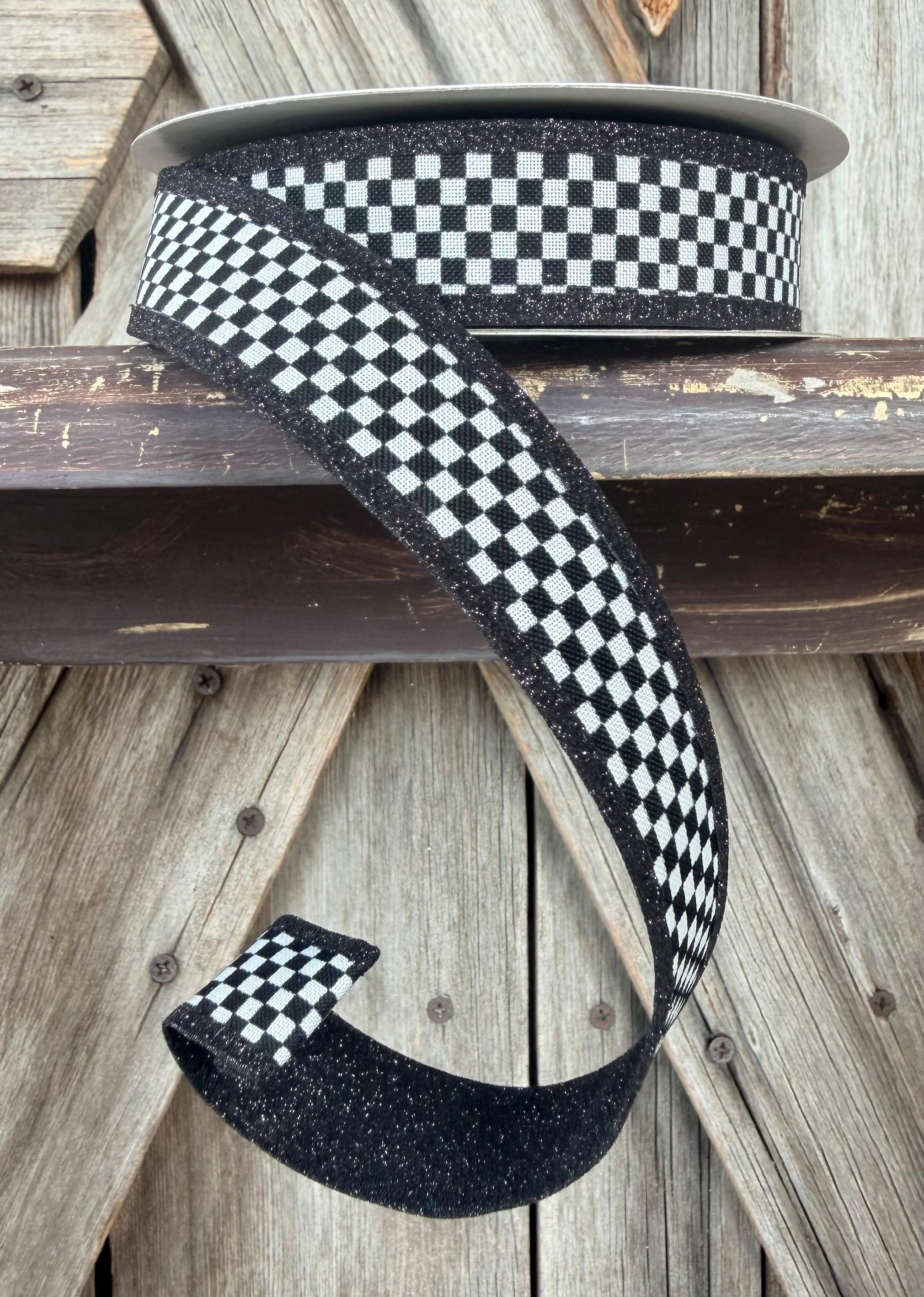 Black White Two Side Check and Glitter Wired Ribbon 1 Inch