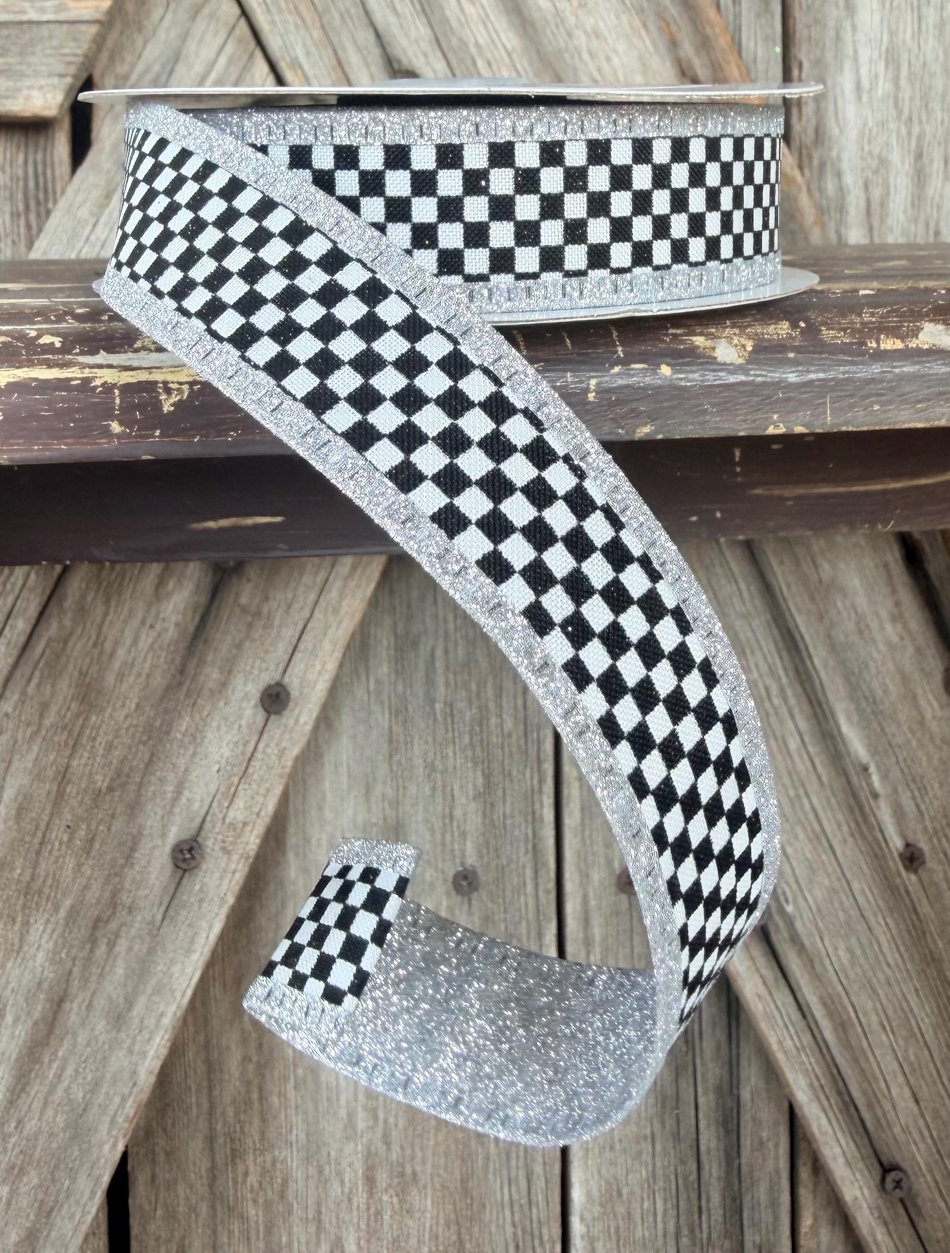 Black White with Silver Edge Two Side Check and Glitter Wired Ribbon 1 Inch