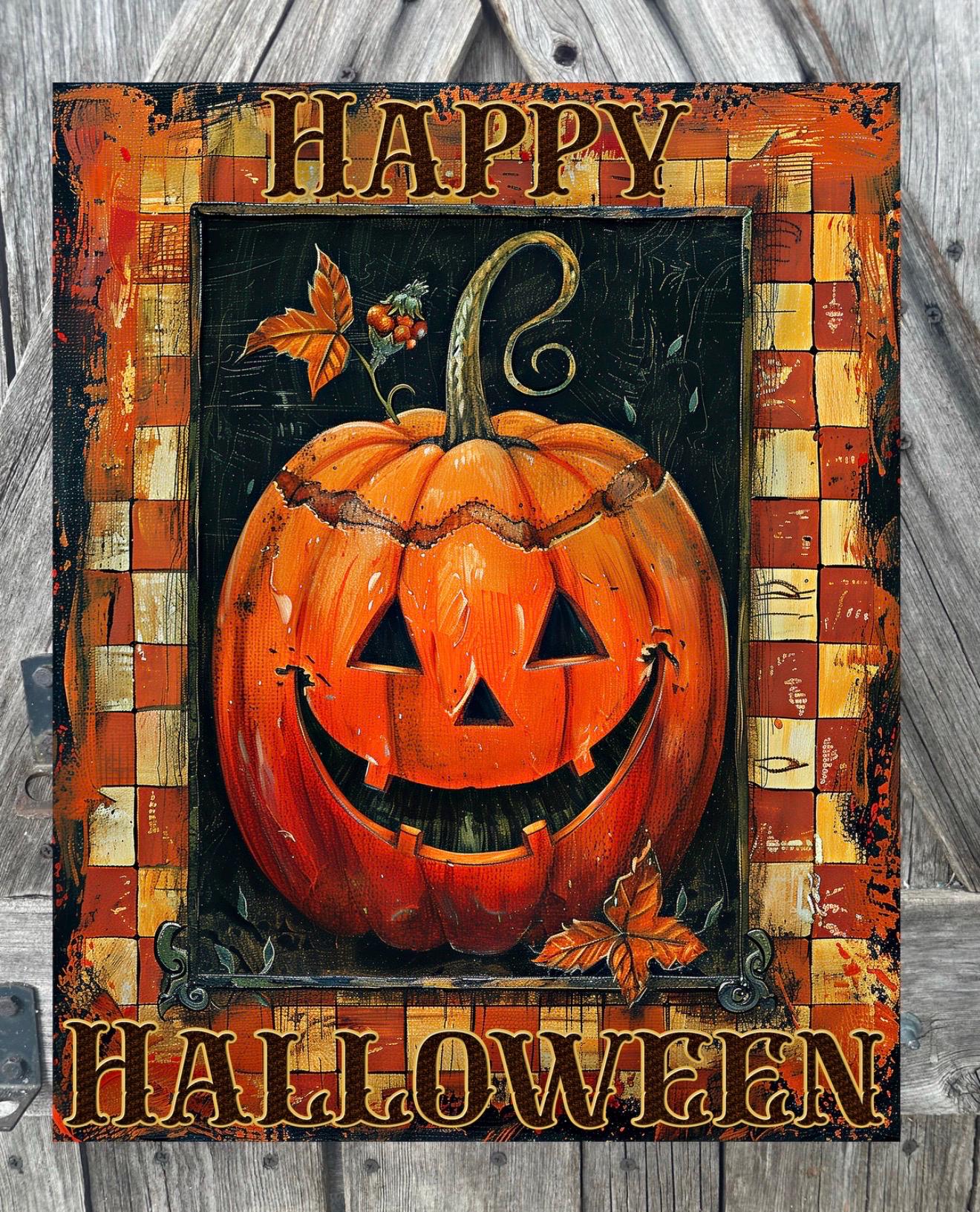 Happy Halloween Orange Check Jackolantern, Halloween Sign, Halloween Decor, Halloween Wall Art