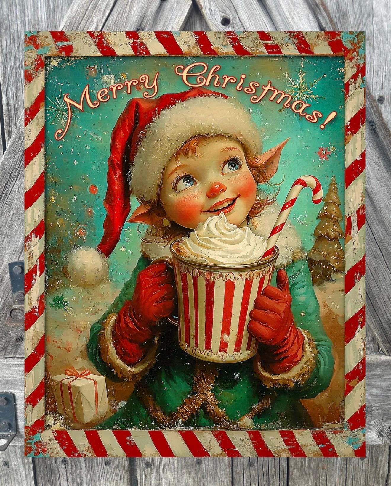 Vintage Merry Christmas Elf, Christmas Sign, Christmas Decor, Christmas Wall Art