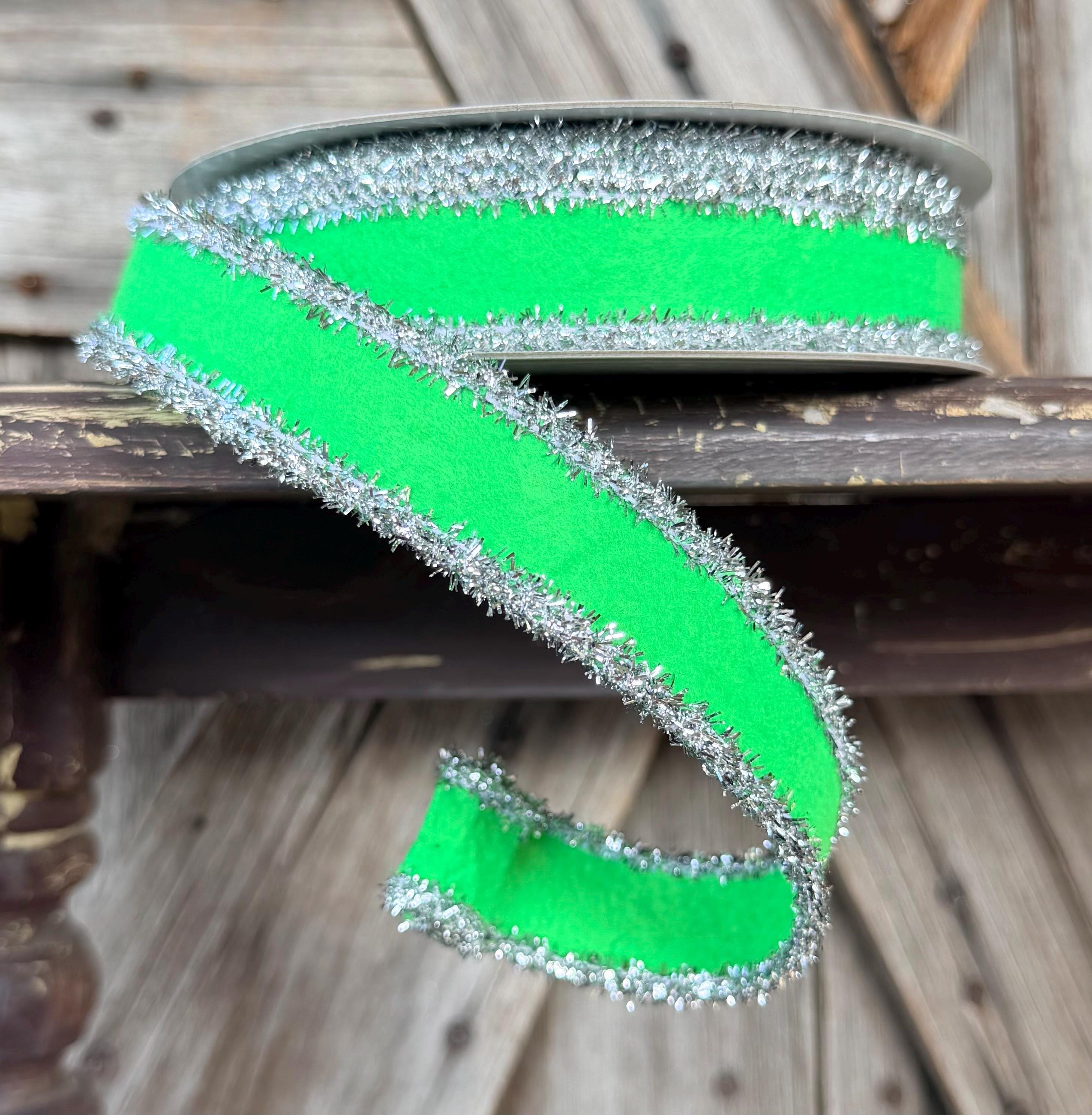Green Felted Tinsel Trim Wired Ribbon 1 Inch