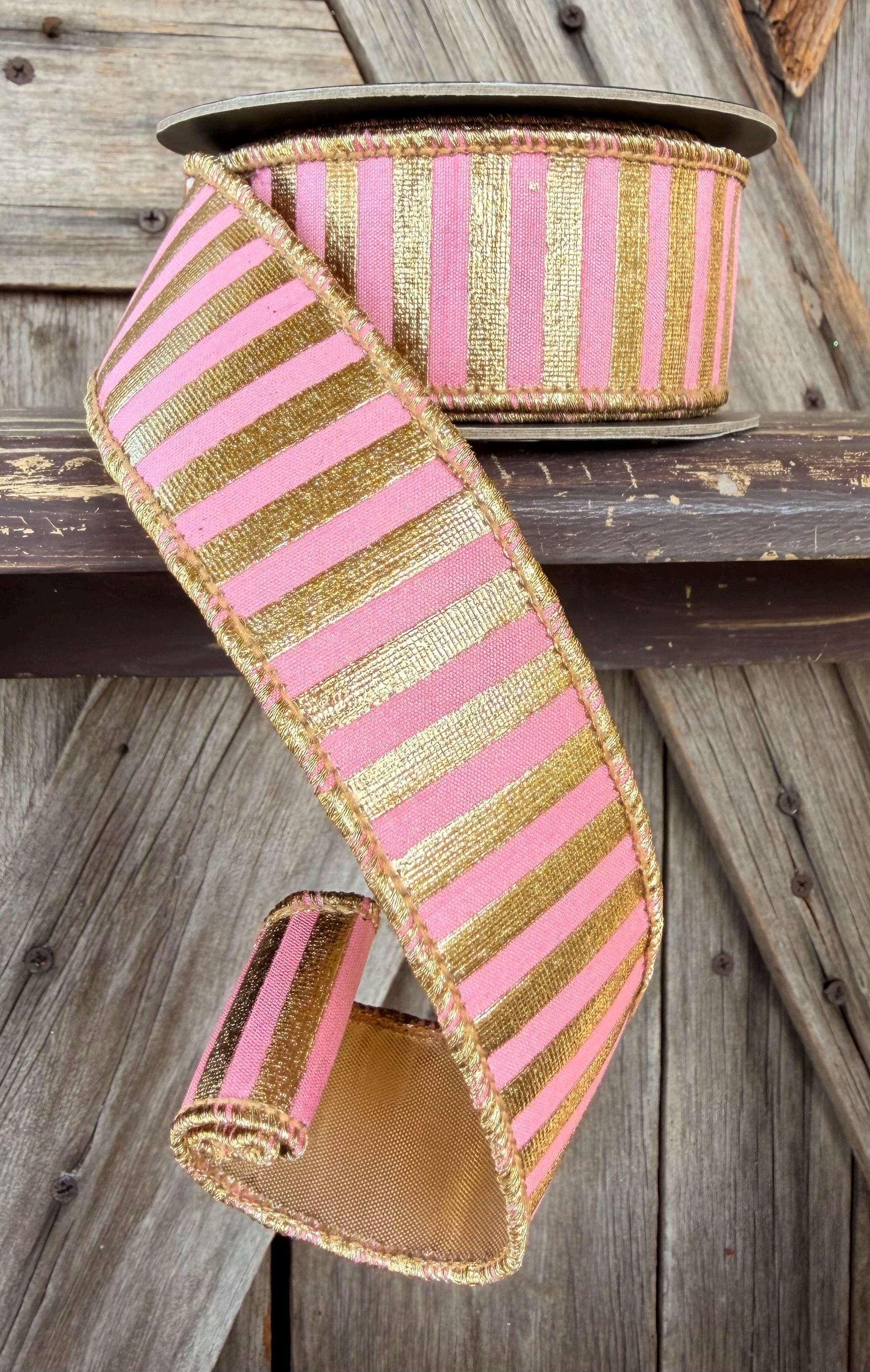 Pink Gold Metallic Stripe Wired Ribbon 1.5 Inch