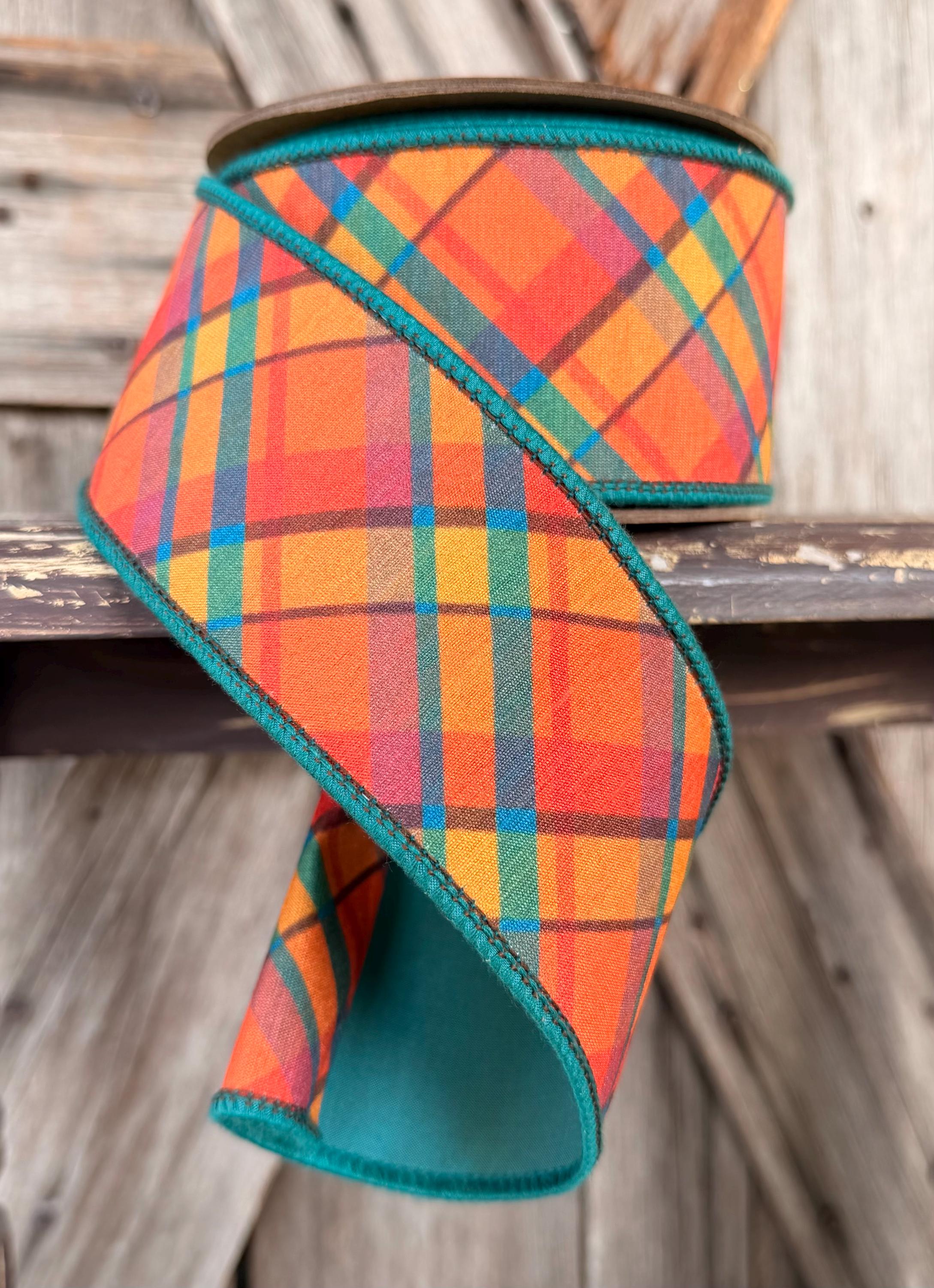 Orange Teal Plaid Wired Ribbon 2.5 Inch
