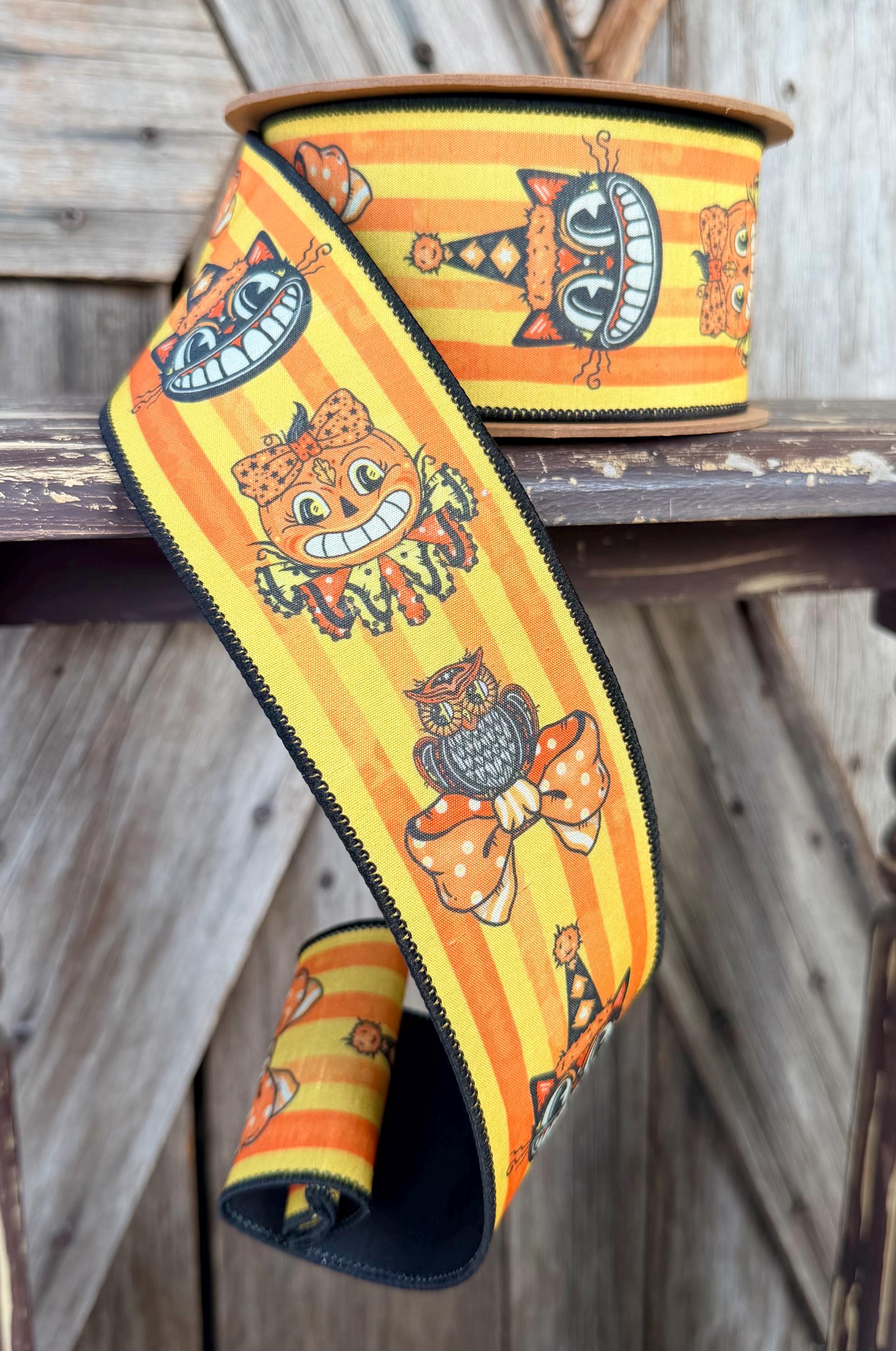 Vintage Halloween Faces Wired Ribbon 2.5 Inch