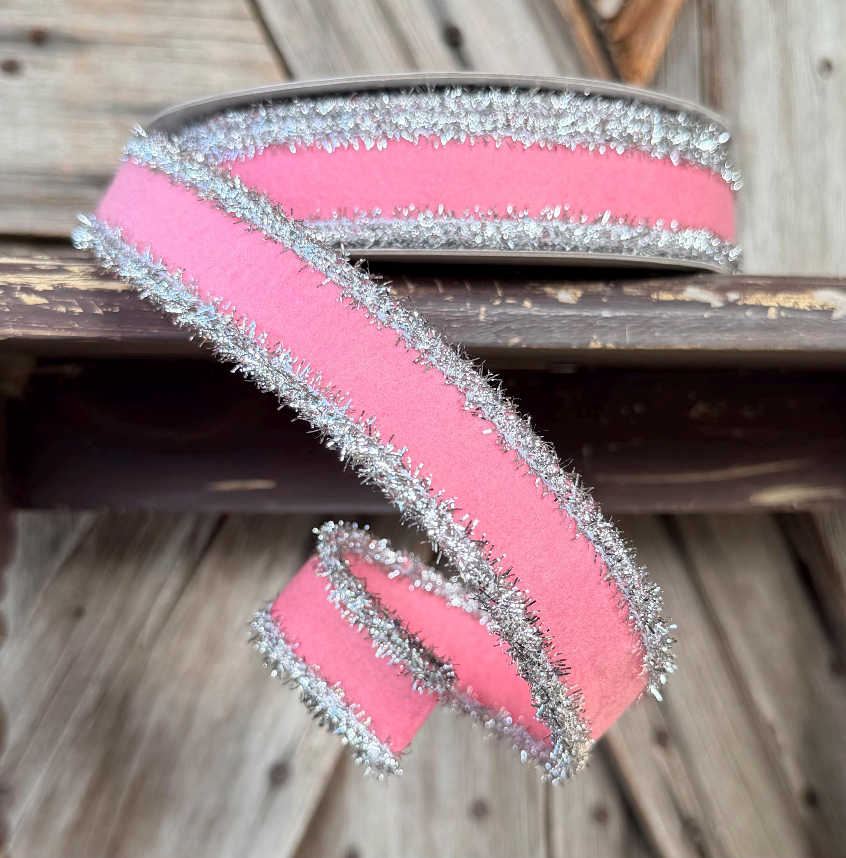 Light Pink Felted Tinsel Trim Wired Ribbon 1 Inch