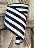 Black White Satin Stripe Wired Ribbon 4 Inch