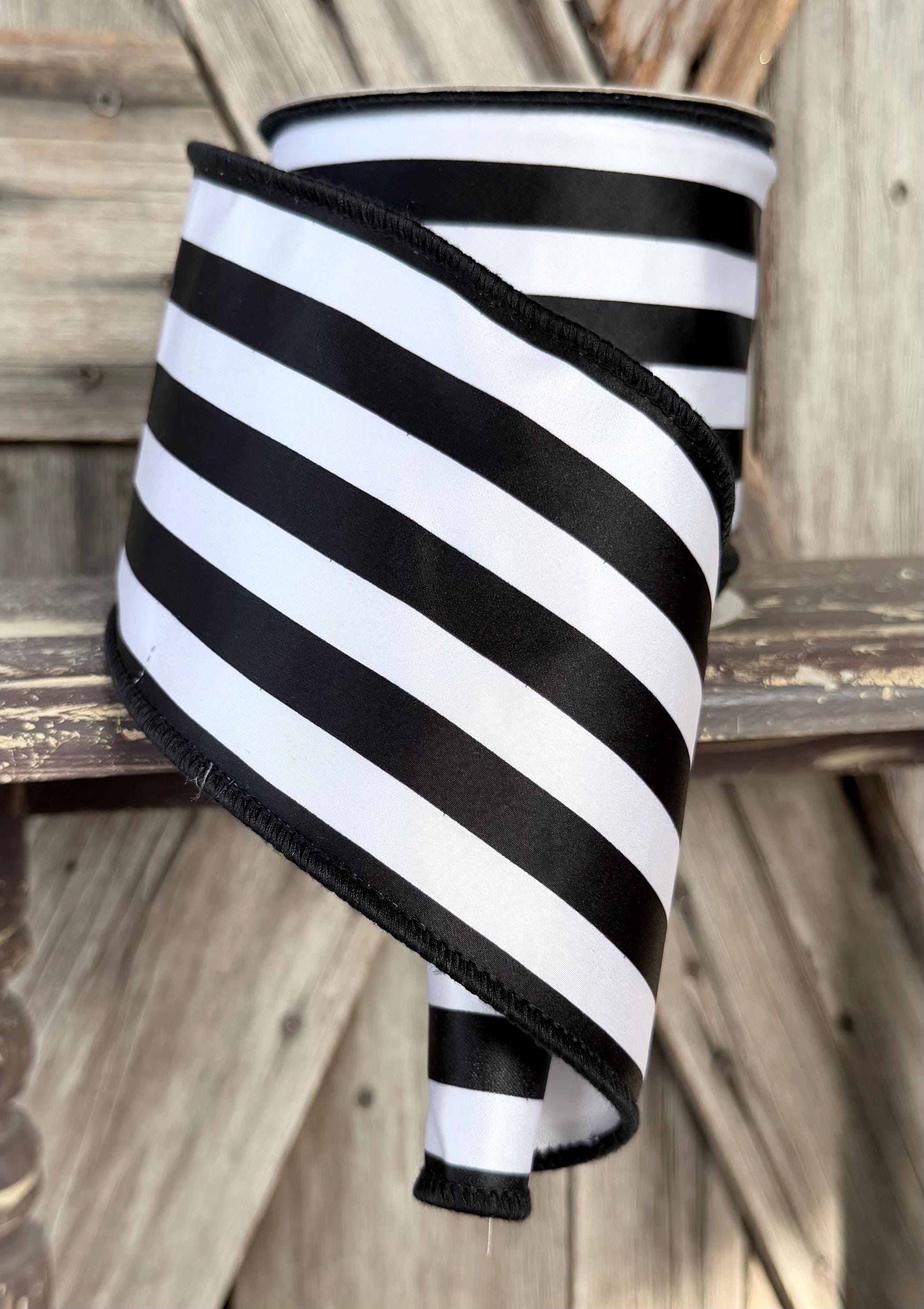 Black White Satin Stripe Wired Ribbon 4 Inch