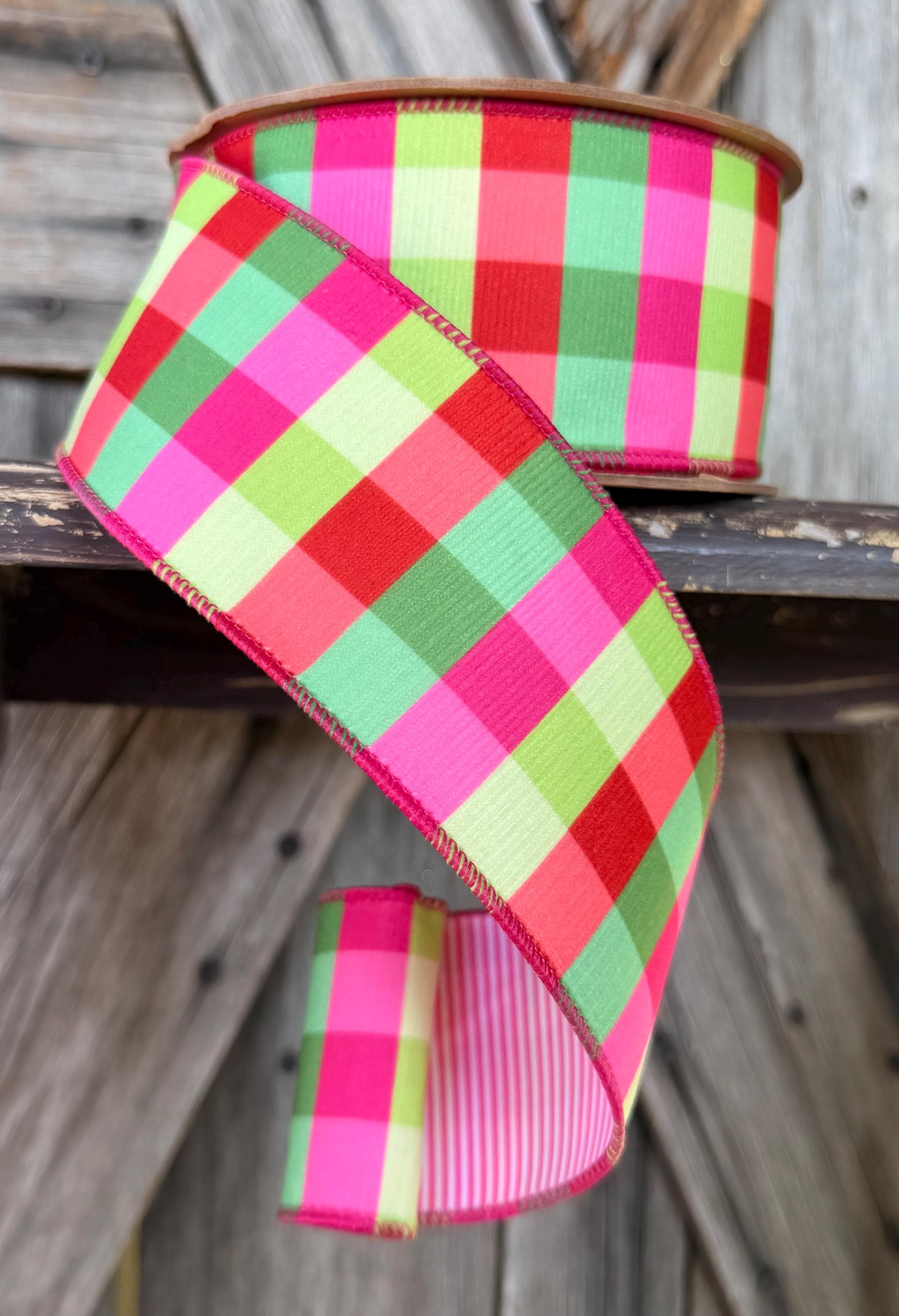 Pink Green Red Plaid with Stripe Back Wired Ribbon 2.5 Inch