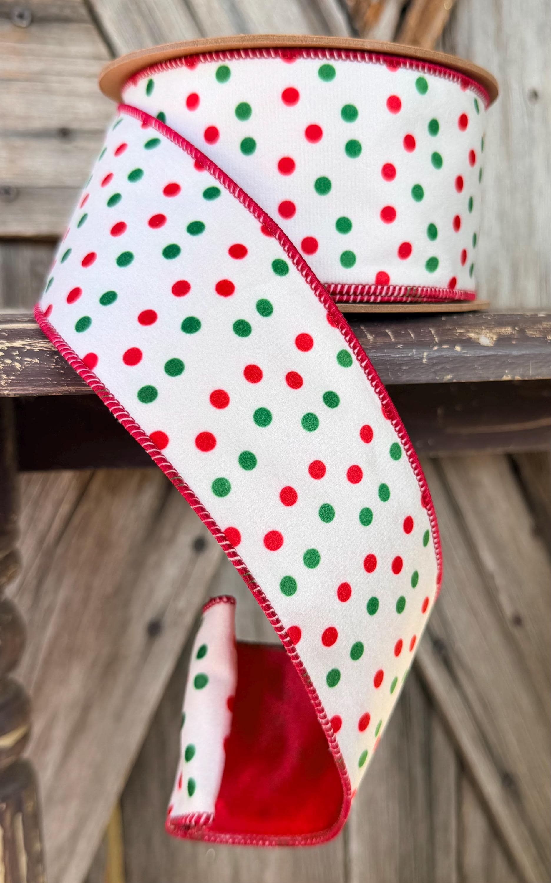 Red Green Polka Dots with Red Backing Wired Ribbon 2.5 Inch