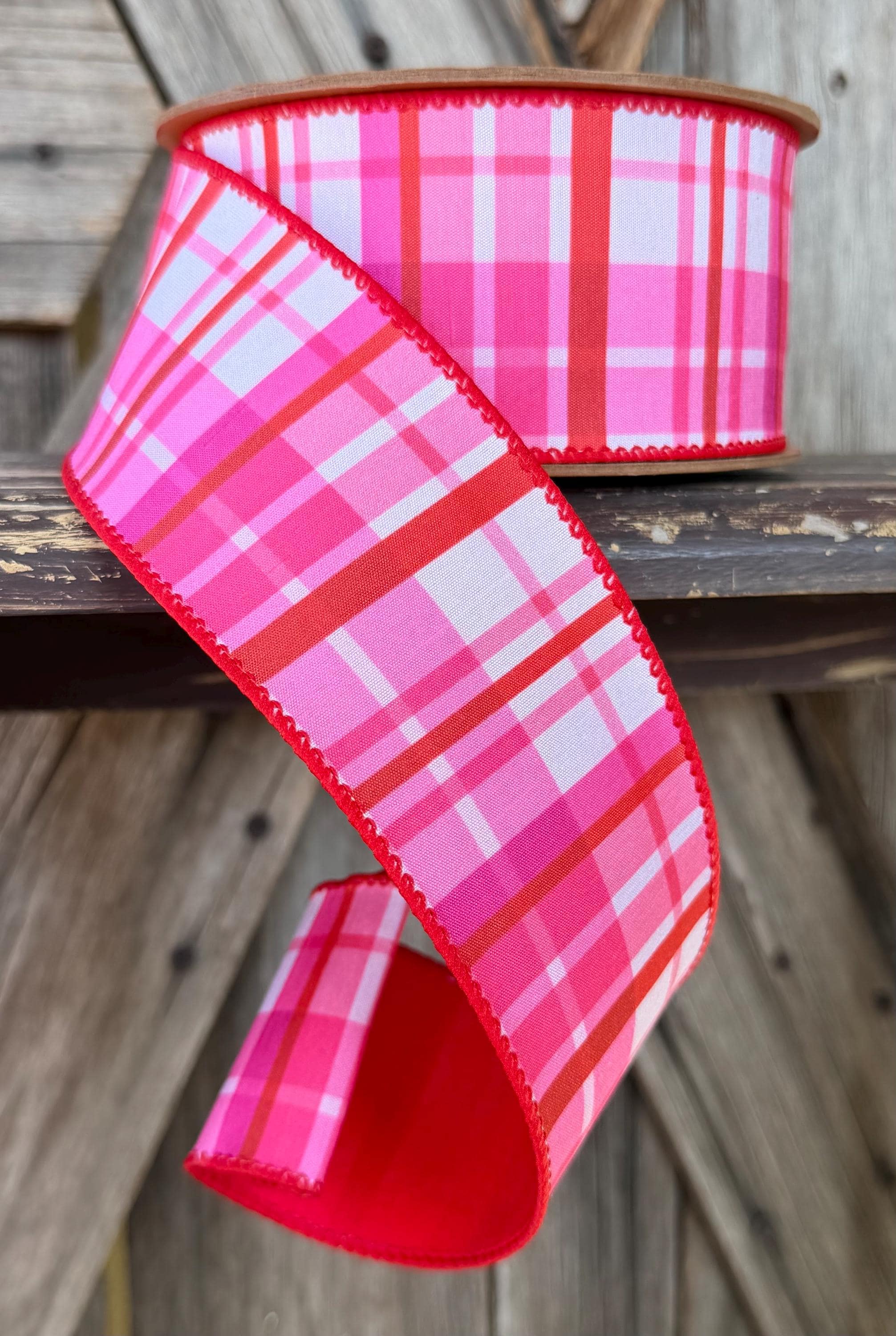 Red Pink Plaid Wired Ribbon 2.5 Inch