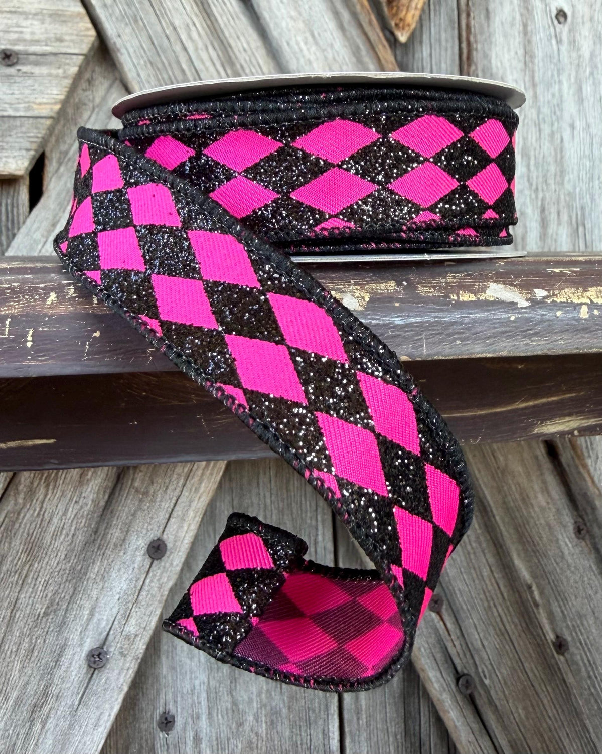 Hot Pink Black Harlequin Wired Ribbon 7/8 Inch