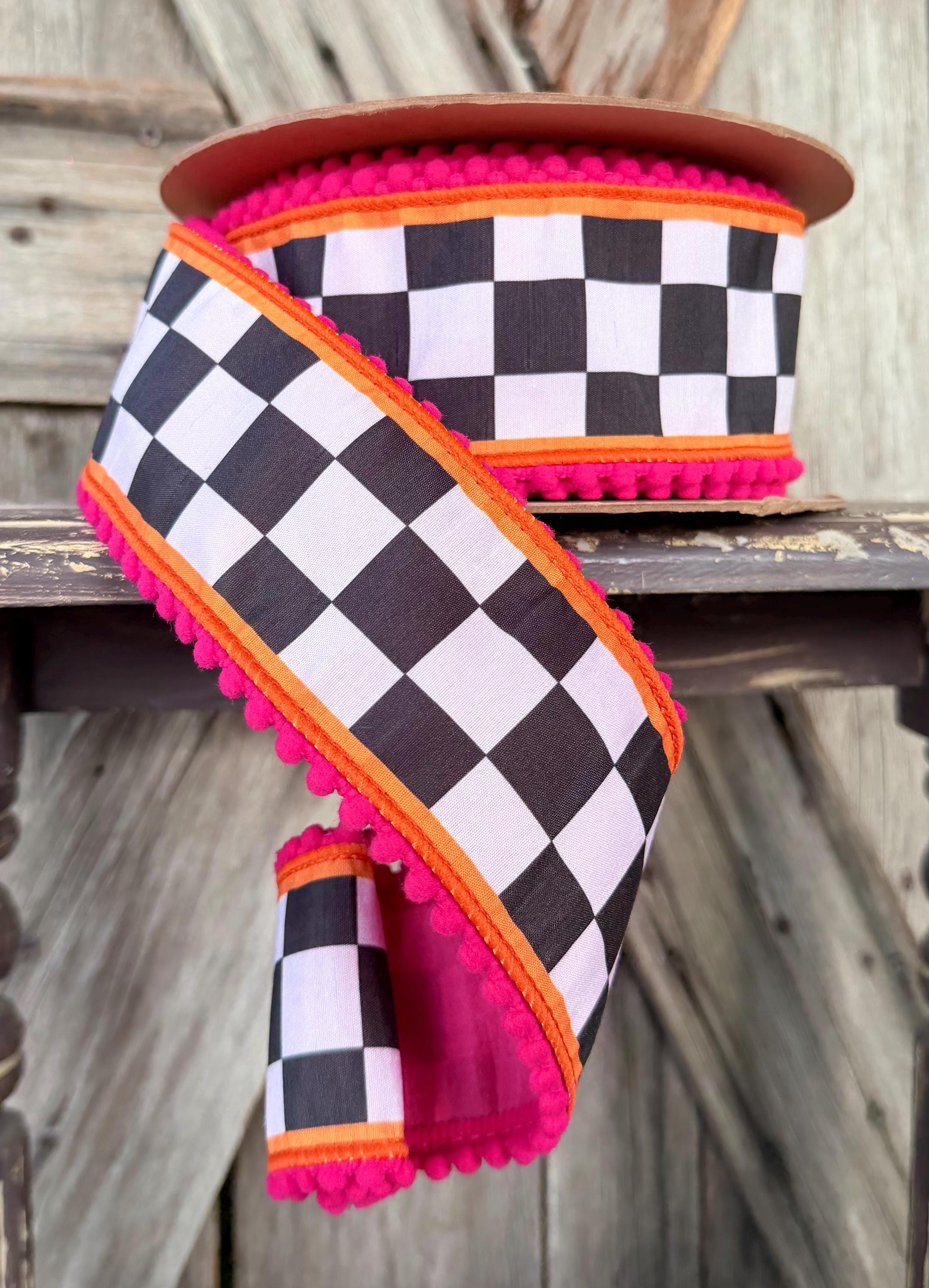 Black White Check with Orange Pink Pom Pom Trim Wired Ribbon 2.5 Inch