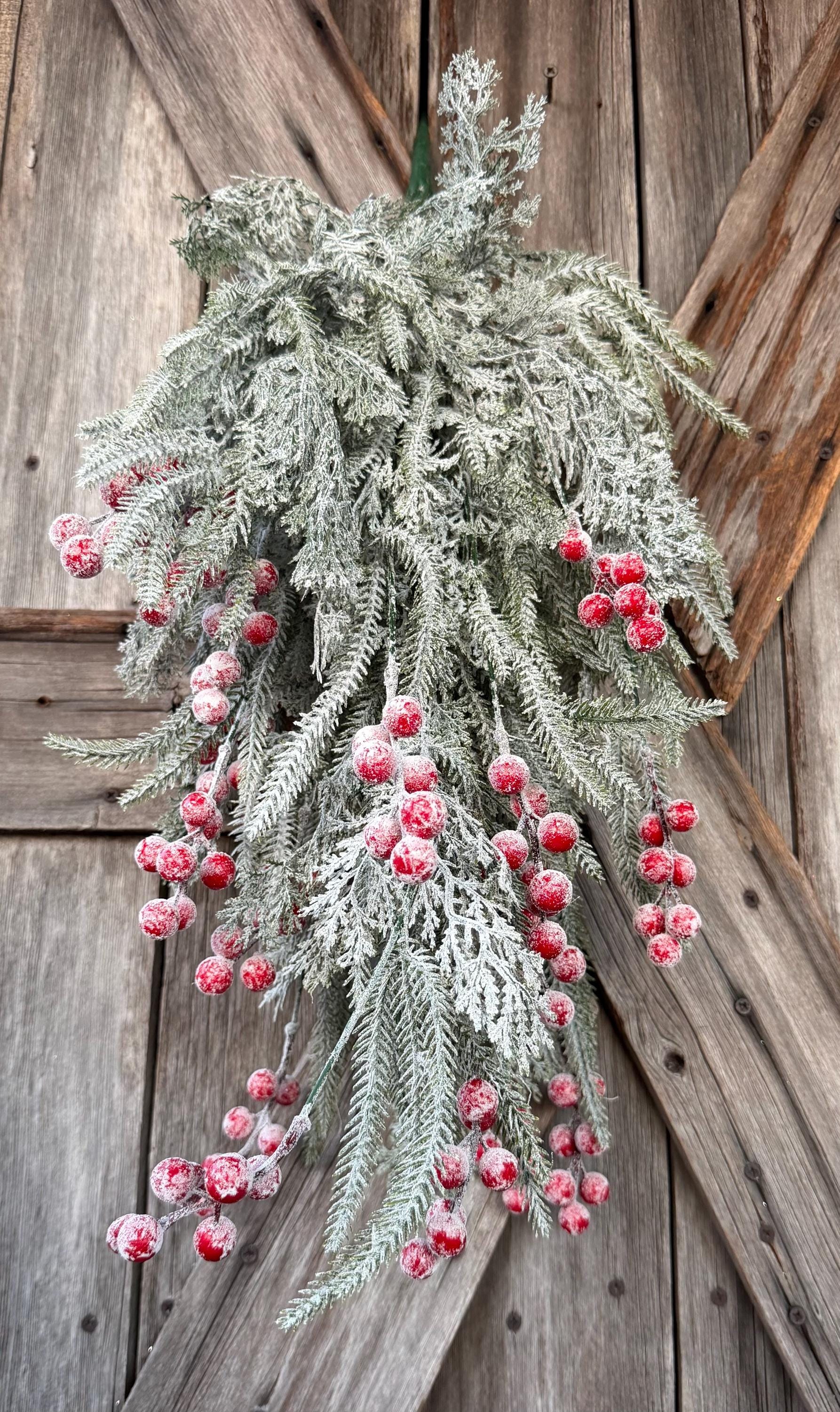 Flocked Snowy Pine with Red Berry Supersized Spray, Wreath Supply, Floral, 762