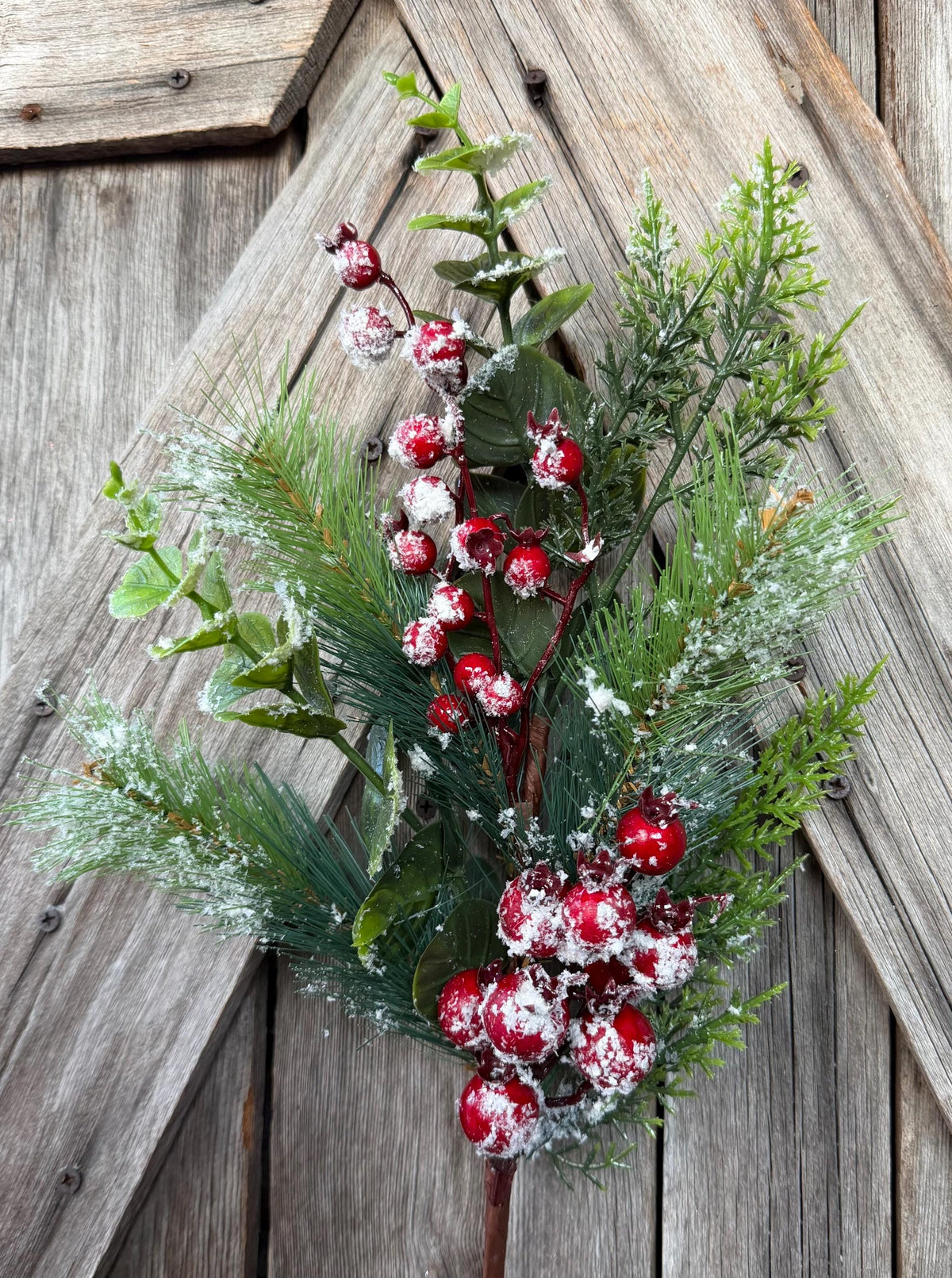 Red Berry Snowed Mixed Pine Spray, Wreath Supply, Floral, 821