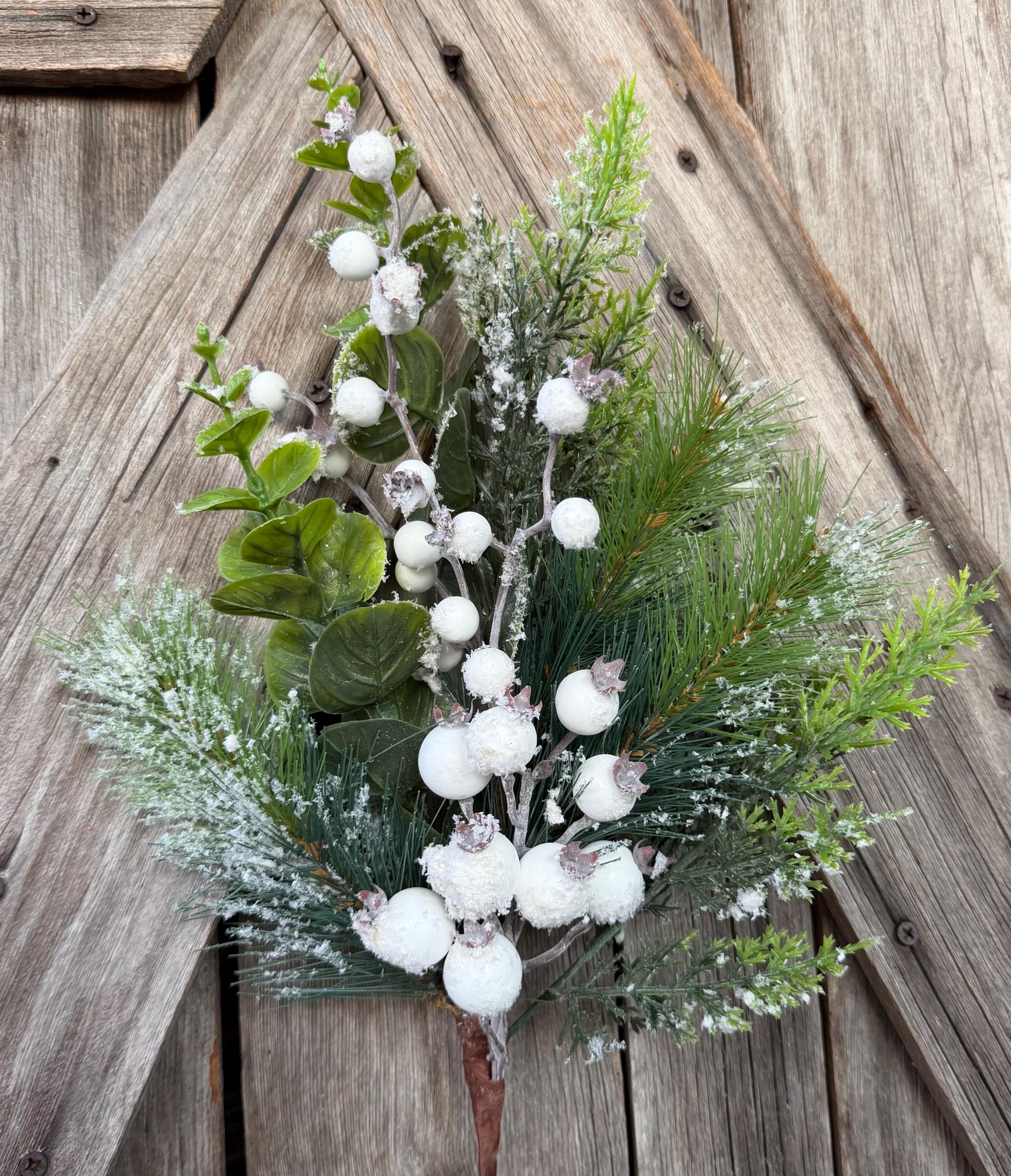 White Berry Snowed Mixed Pine Spray, Wreath Supply, Floral, 822