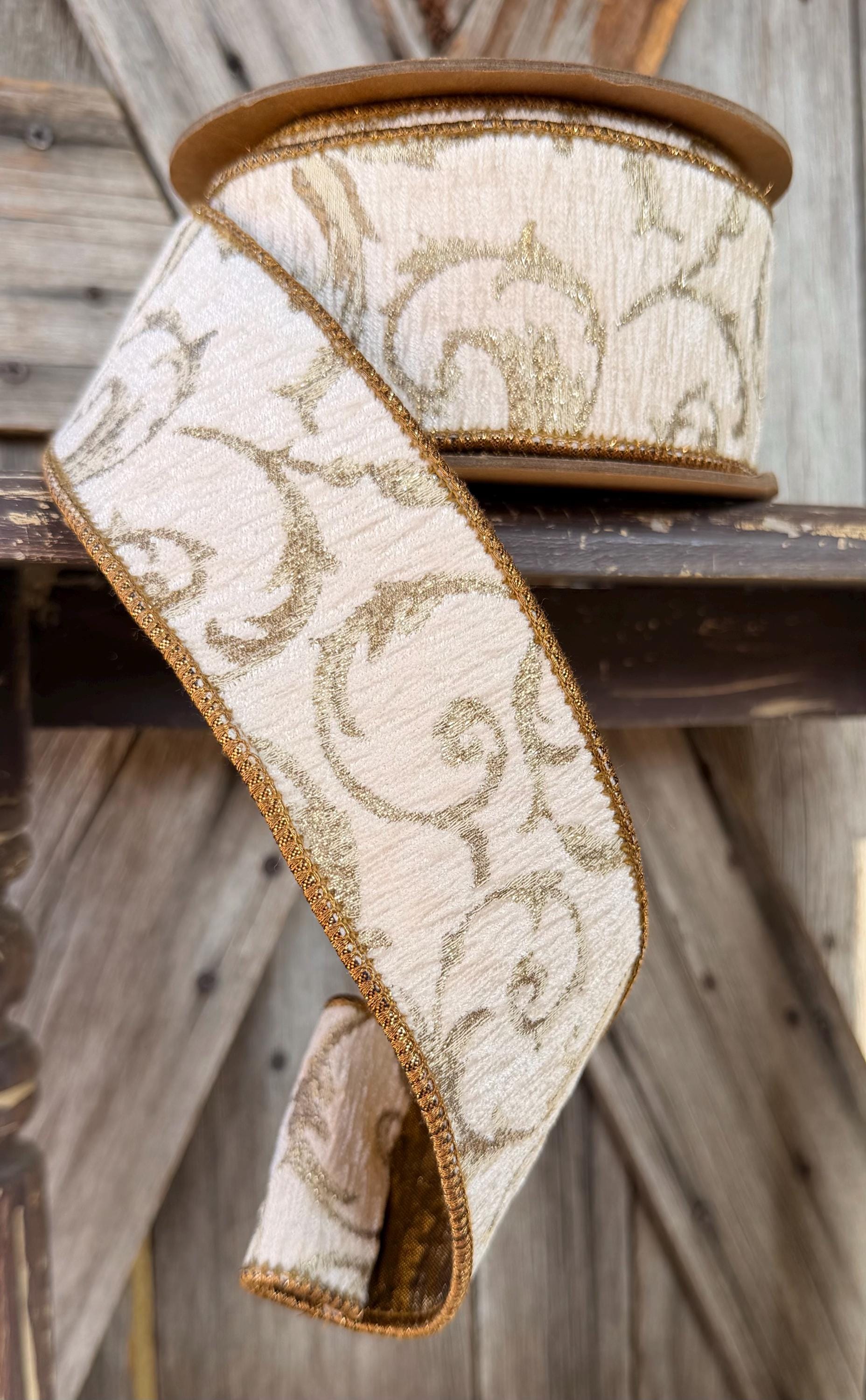 Metallic Scroll on Ivory Gold  Wired Ribbon 2.5 Inch
