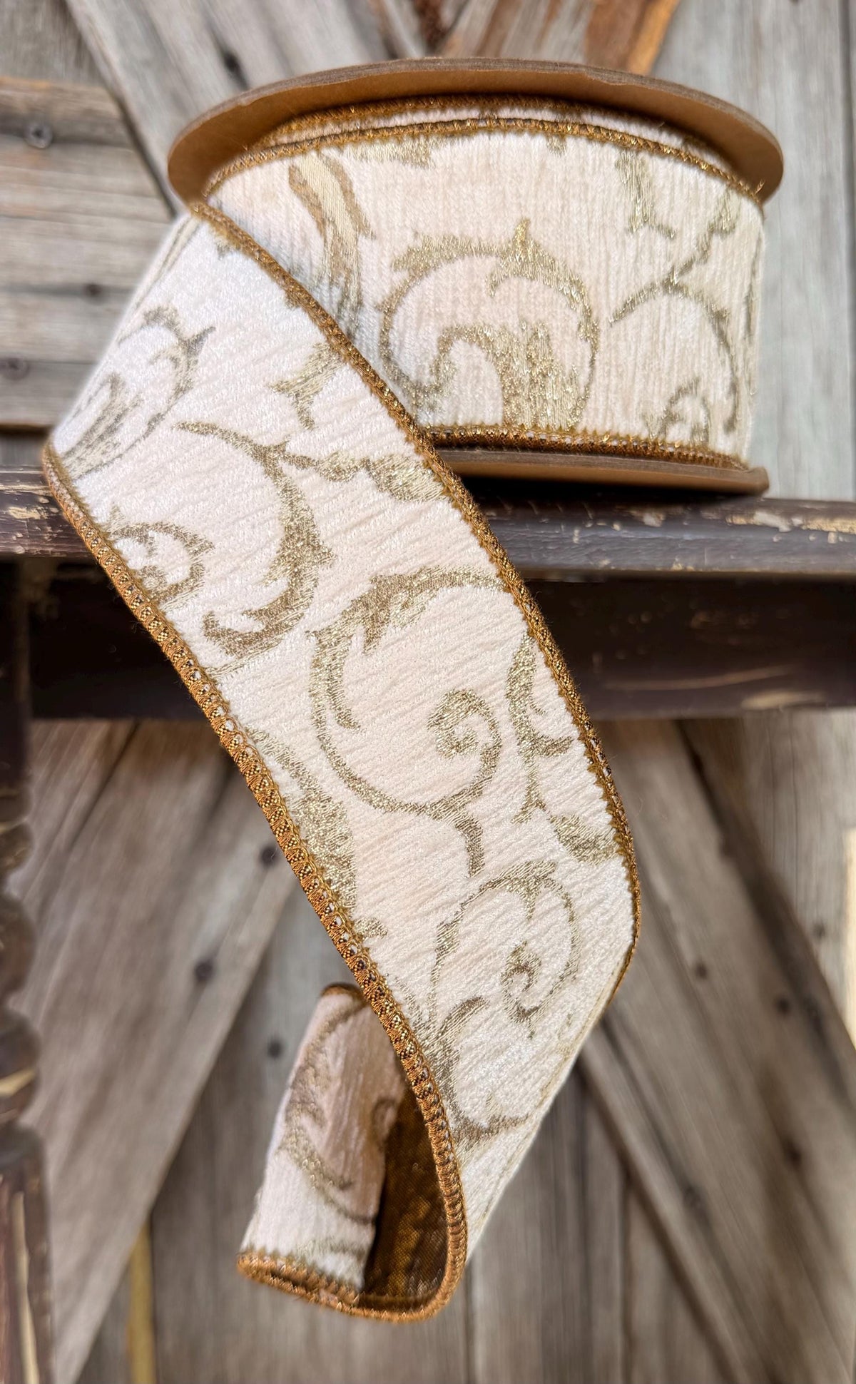 Metallic Scroll on Ivory Gold Wired Ribbon 2.5 Inch
