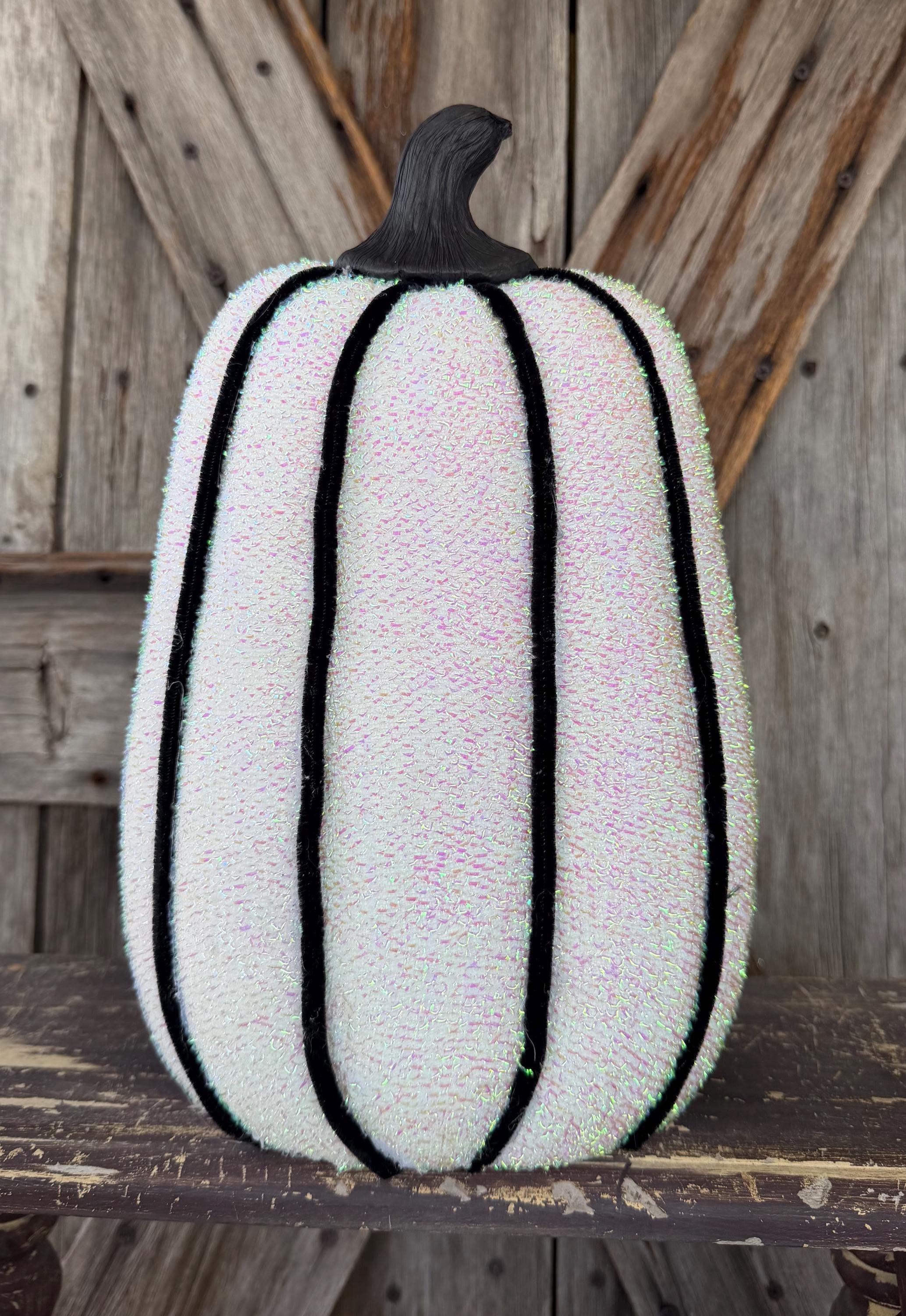 Black White Chenile Stripe Tall Pumpkin 12 inches