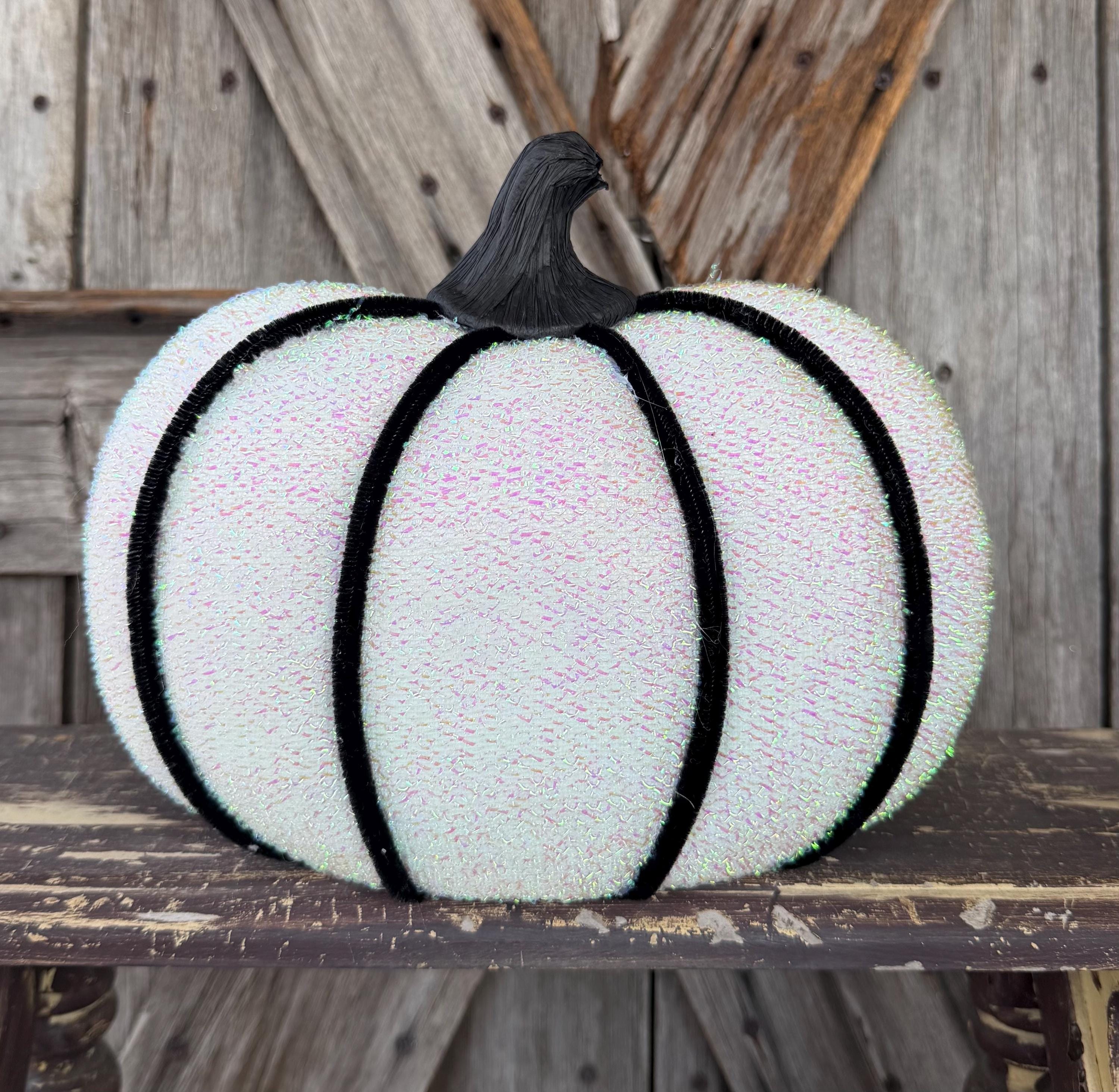 Black White Chenile Stripe Tall Pumpkin 10 inches