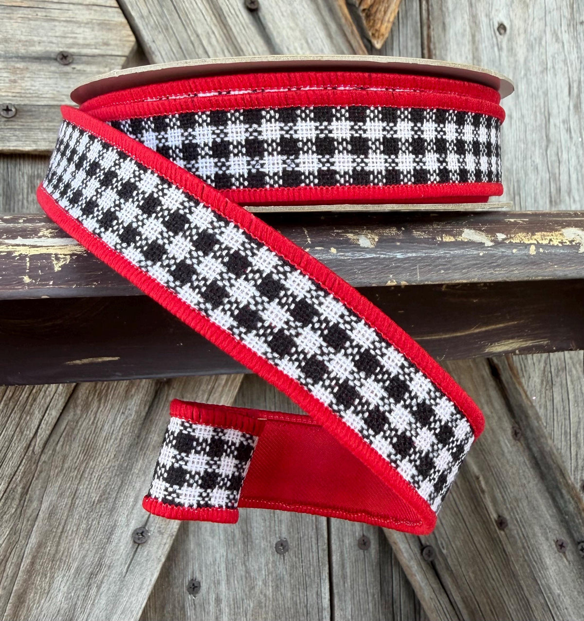 Red Black White Plaid Wired Ribbon 7/8 Inch