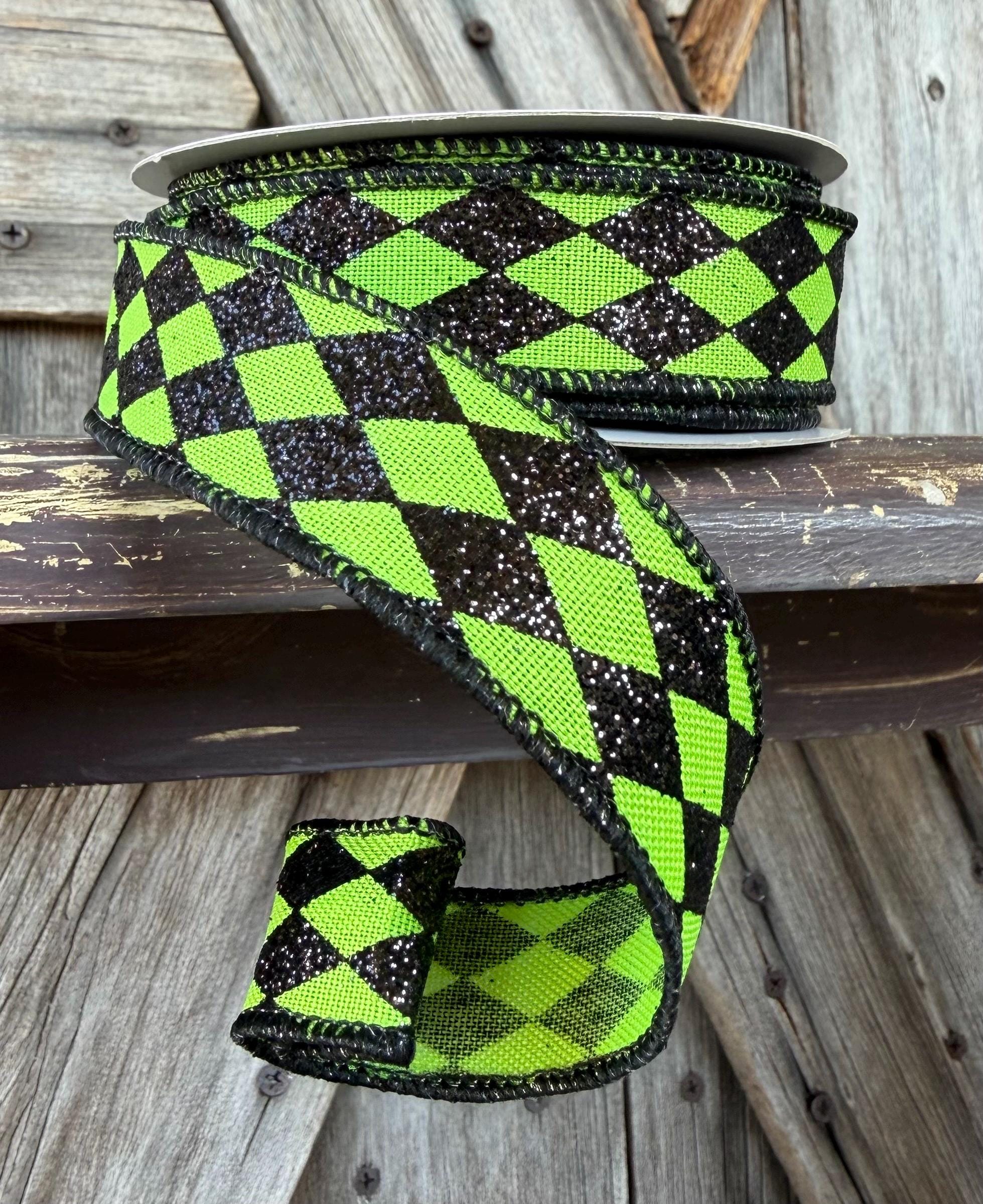 Green Black Harlequin Wired Ribbon 7/8 Inch