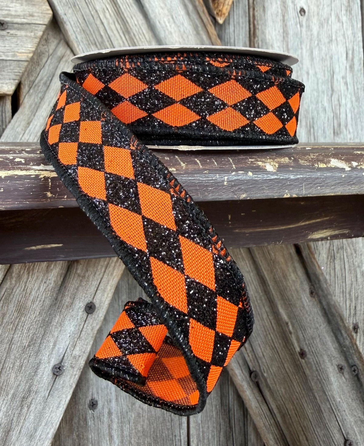 Orange Black Harlequin Wired Ribbon 7/8 Inch