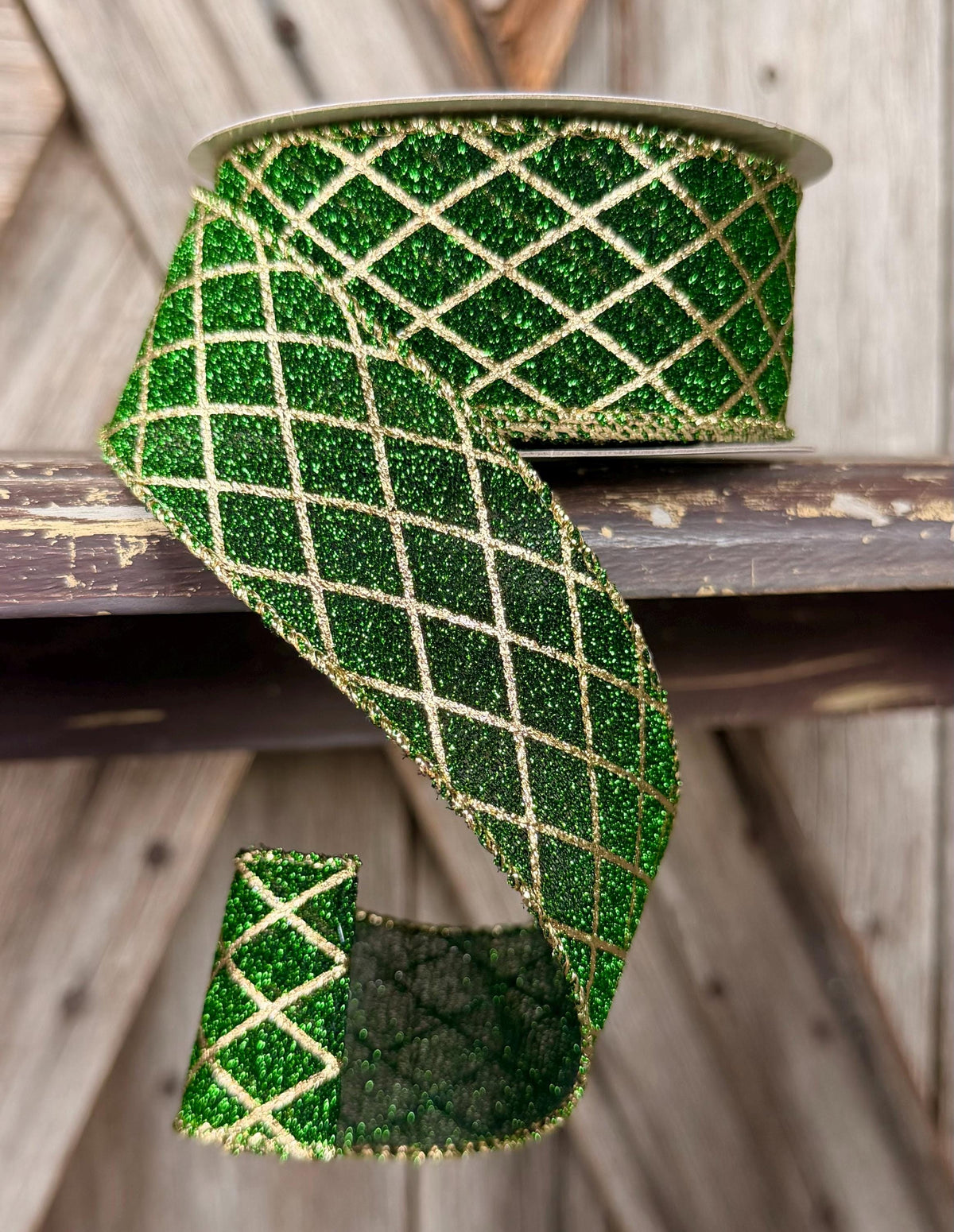 Emerald Green Metallic Gold Diamond Wired Ribbon 1.5 Inch