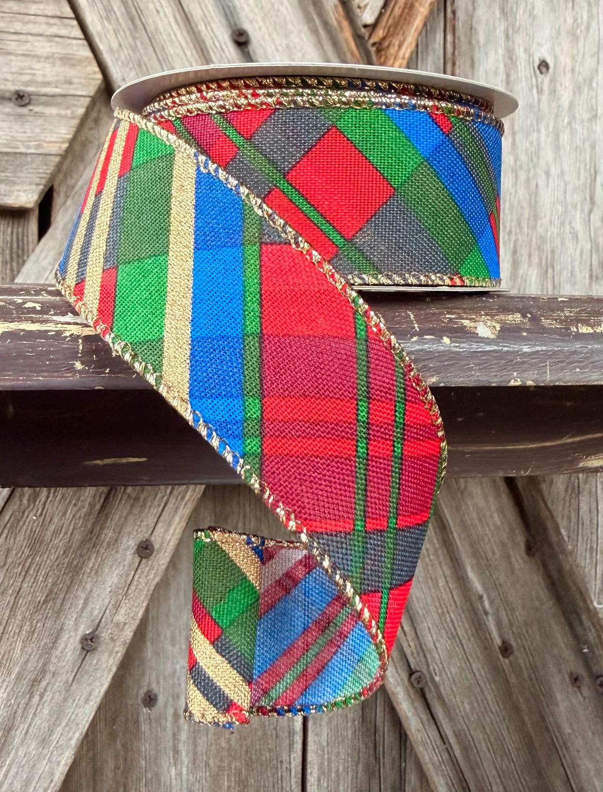 Red Blue Green Gold Plaid Wired Ribbon 1.5 Inch