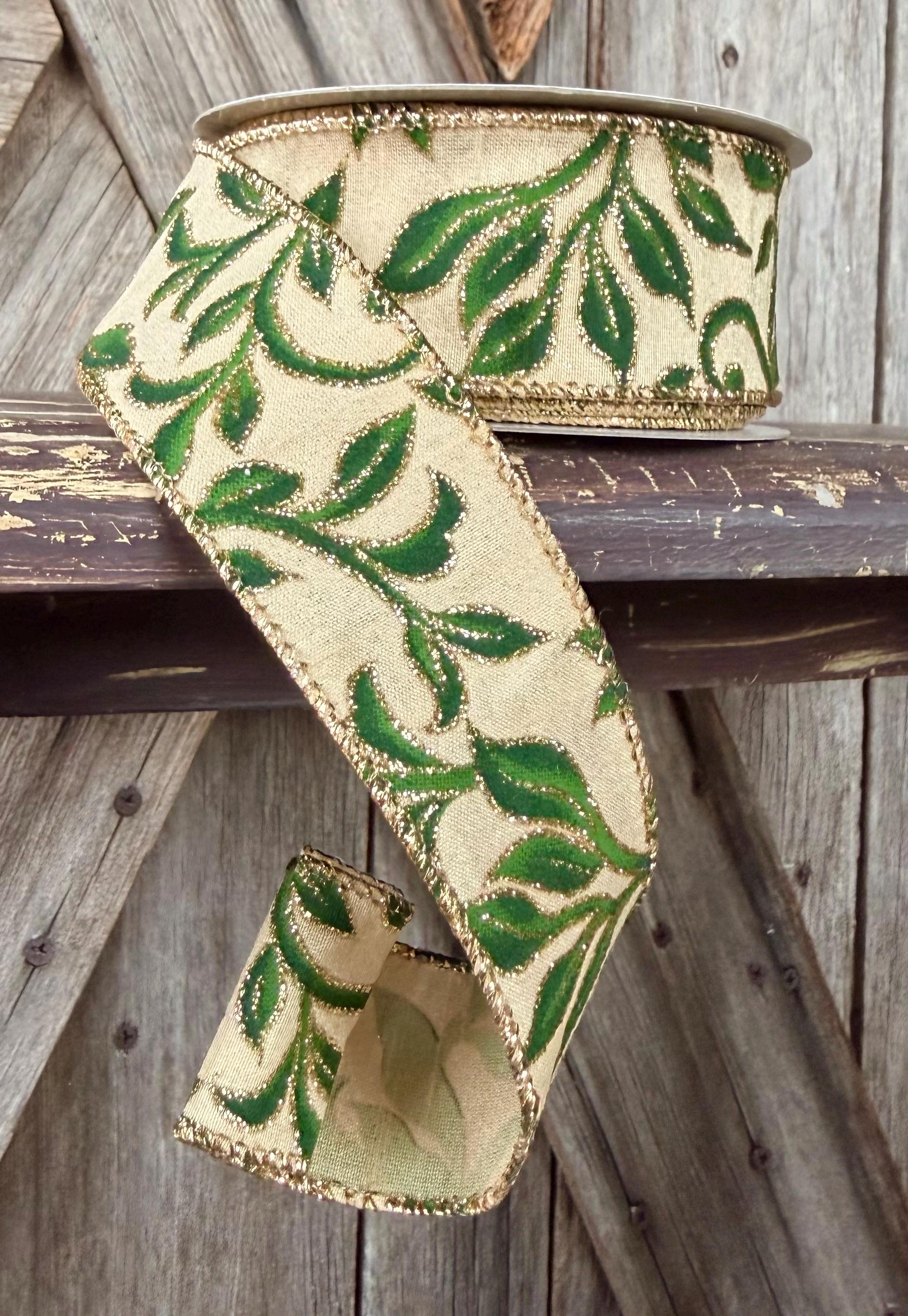 Gold Green Vines Wired Ribbon 1.5 Inch
