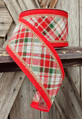 Christmas Red Green Gold Plaid Red Trim Wired Ribbon 2.5 Inch