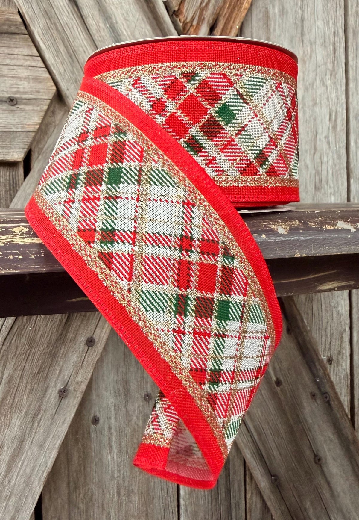 Christmas Red Green Gold Plaid Red Trim Wired Ribbon 2.5 Inch