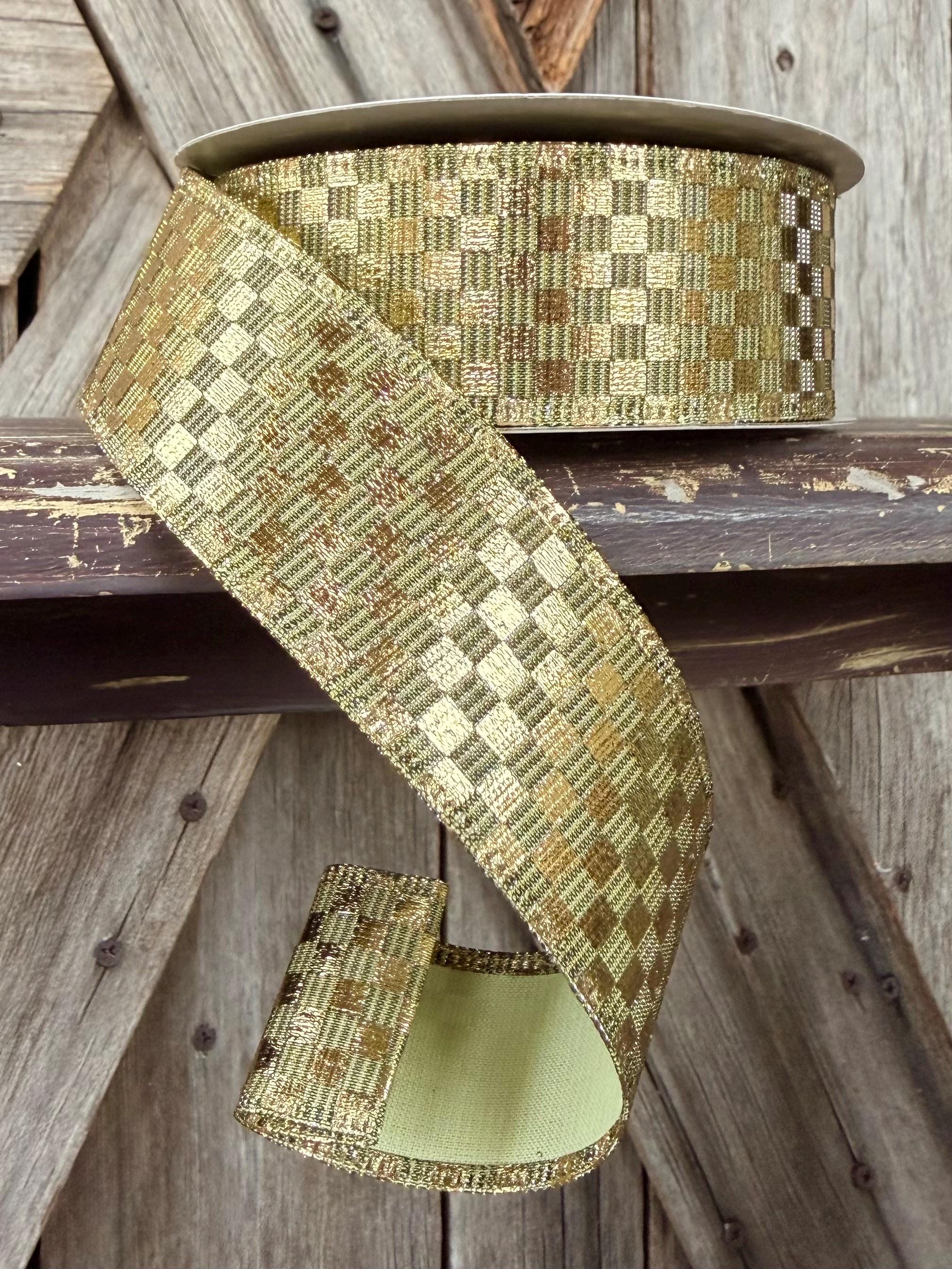 Gold Metallic Check Wired Ribbon 1.5 Inch