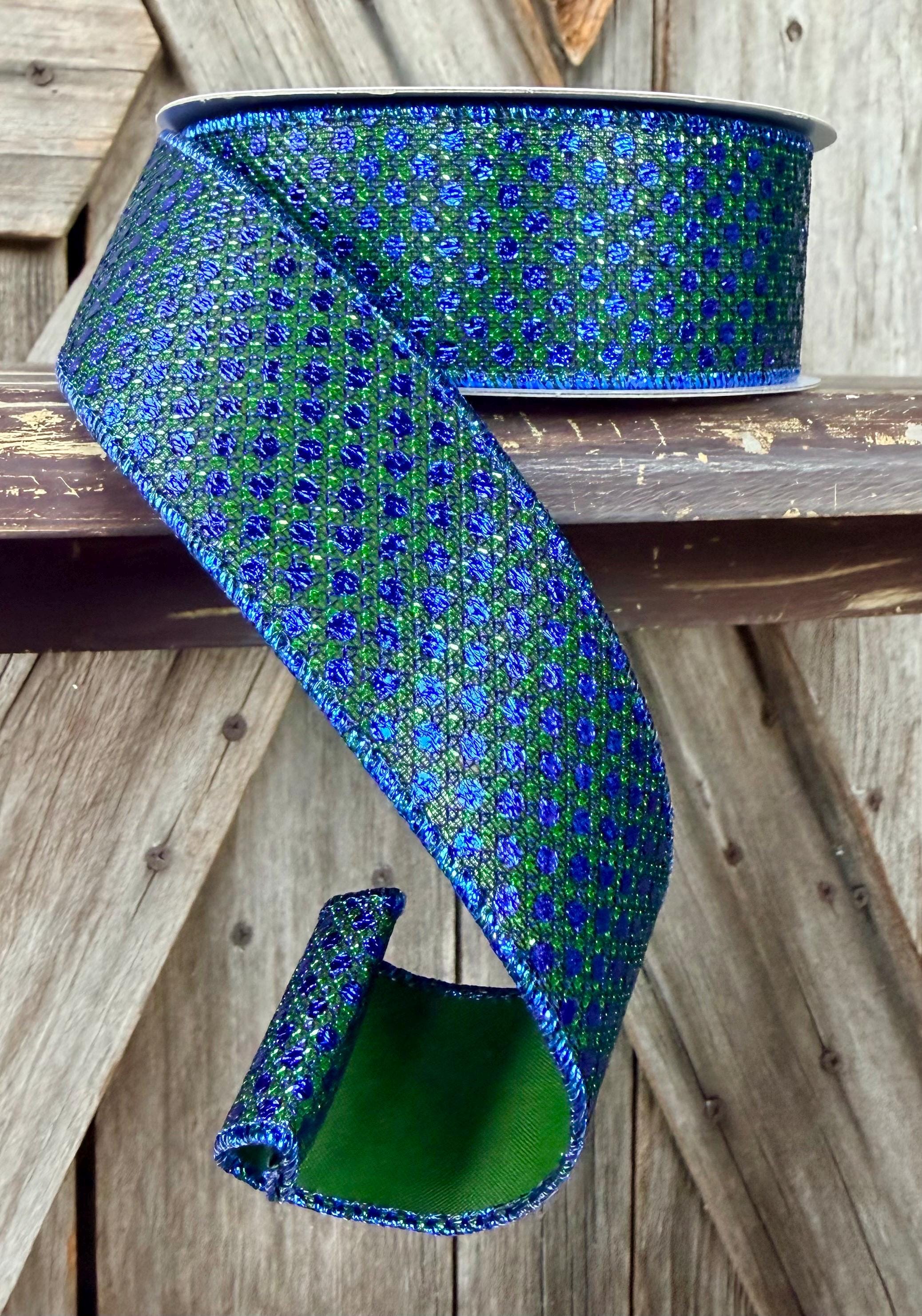 Blue and Emerald Green Metallic Dotted Wired Ribbon 1.5 Inch