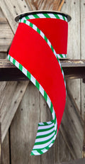 Red Velvet Green White Stripe Back Wired Ribbon 4 Inch