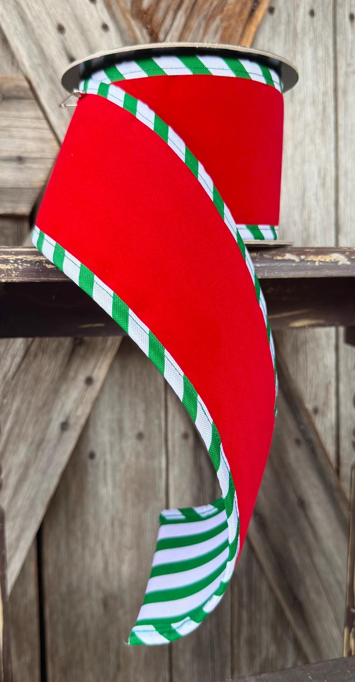 Red Velvet Green White Stripe Back Wired Ribbon 4 Inch