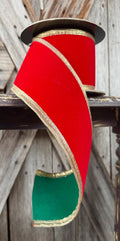 Red Velvet Gold Trim Green Back Wired Ribbon 4 Inch