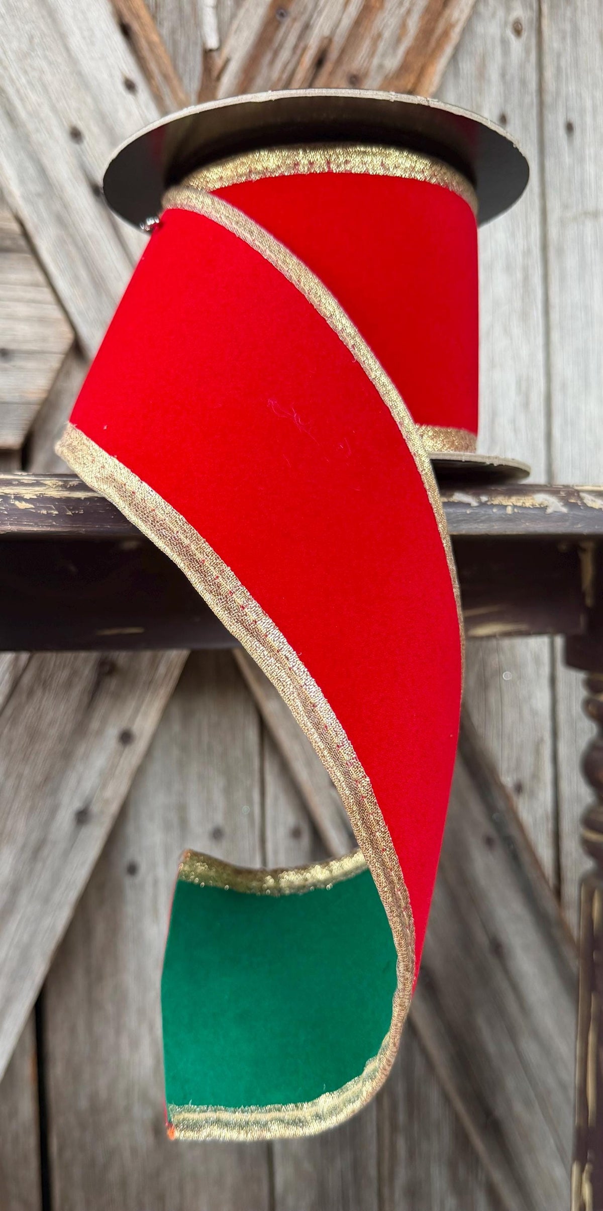 Red Velvet Gold Trim Green Back Wired Ribbon 4 Inch