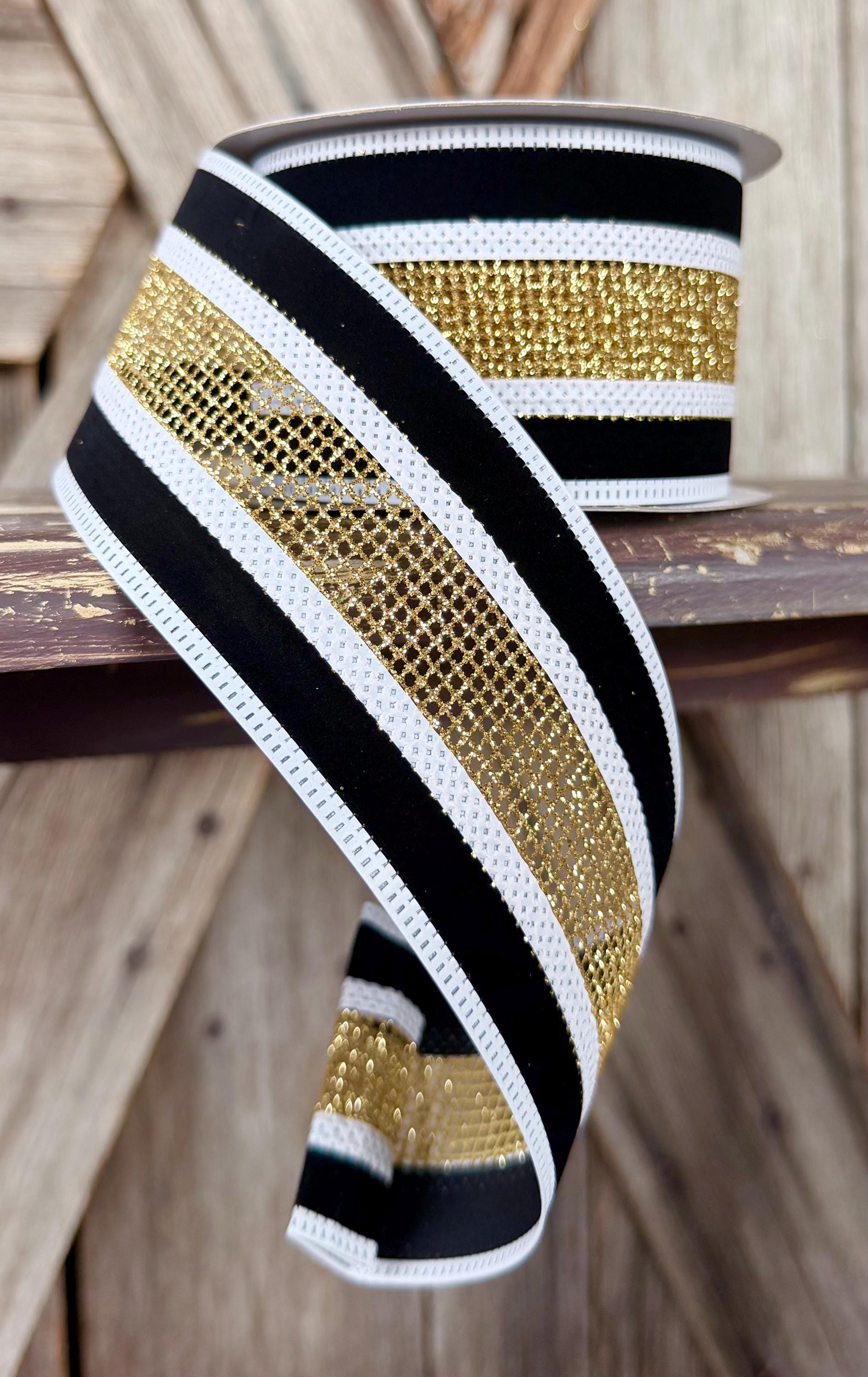Black Gold White Weave Wired Ribbon 2.5 Inch
