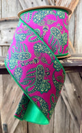 Preppy Paisley Hot Pink Green Wired Ribbon 4 Inch