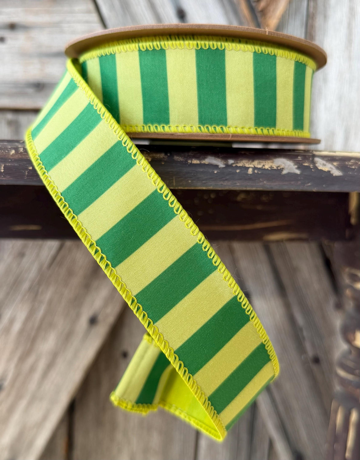 Green Lime Horizontal Stripe Wired Ribbon 1.5 Inch