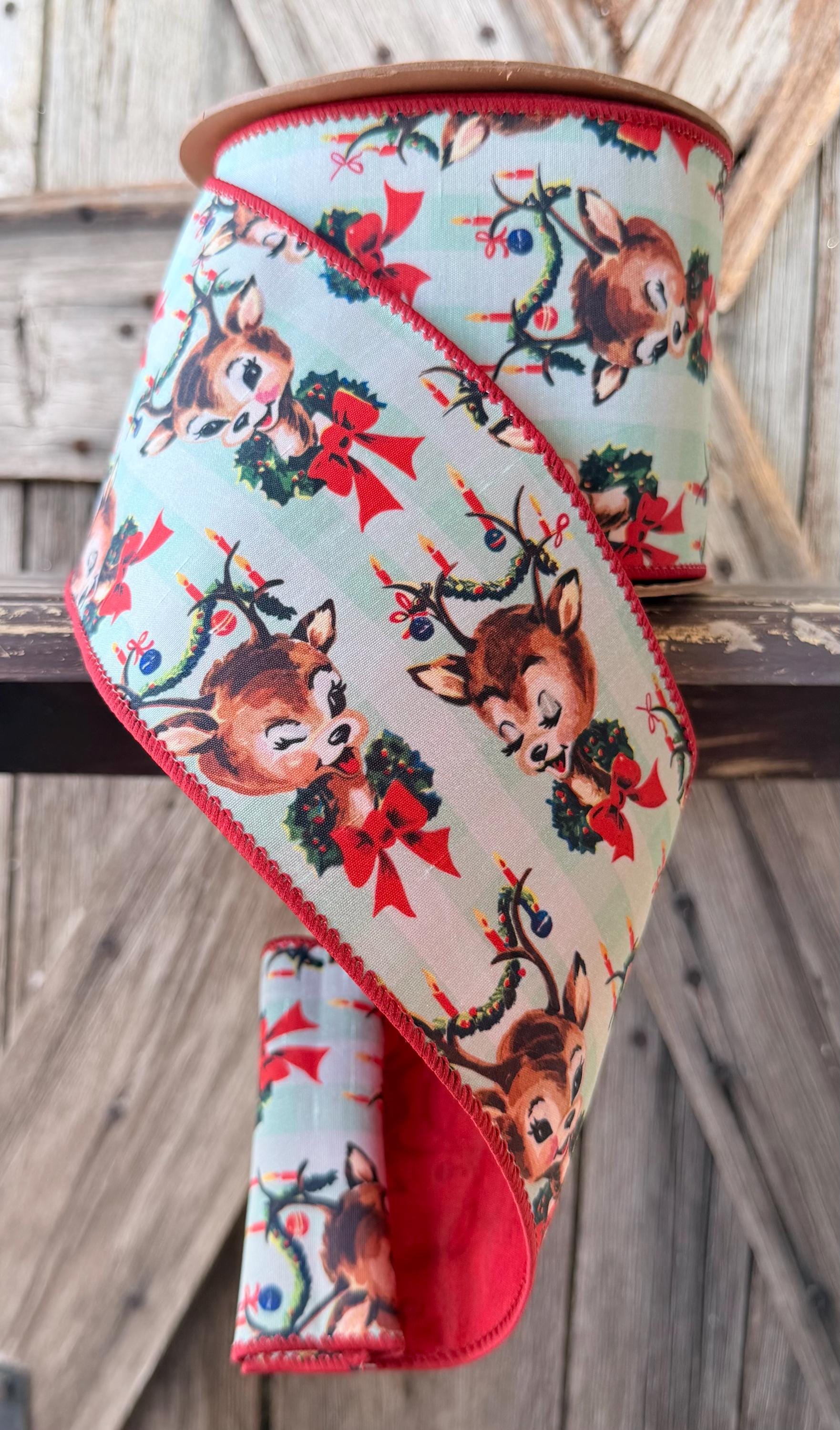 Retro Deer  with  Red Backing  Wired Ribbon 4 Inch