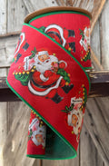 Retro Santa on Green Backing Wired Ribbon 4 Inch