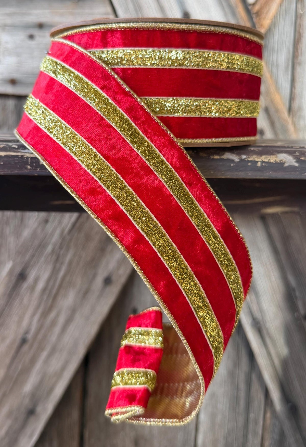 Red Gold Metallic Velvet Deluxe Wired Ribbon 2.5 Inch